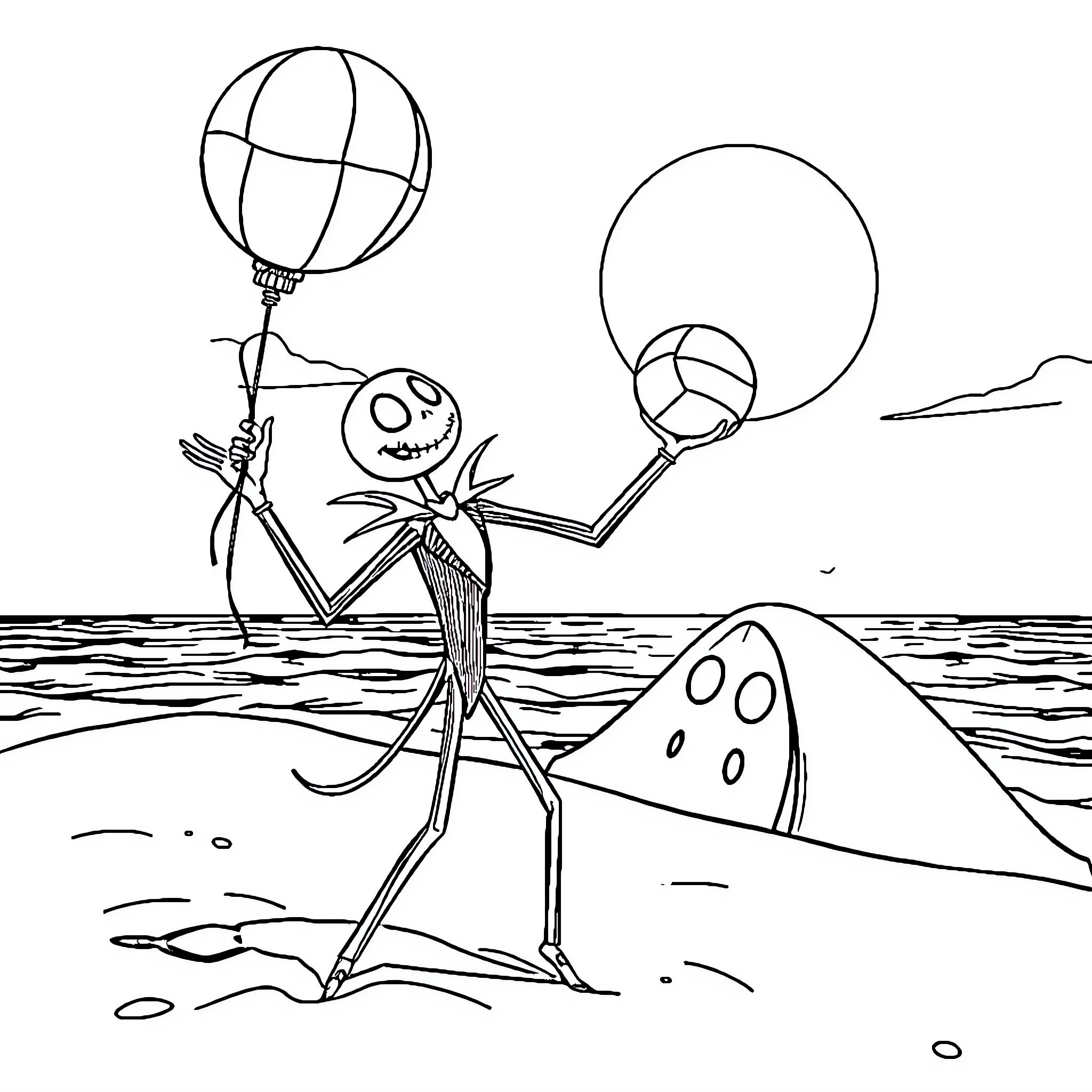 Jack Skellington enjoying the beach with lanterns Coloring Page (free black-and-white line drawing printable PDF for all, from beginners to advanced learners, including children, teens, adults, and seniors)
