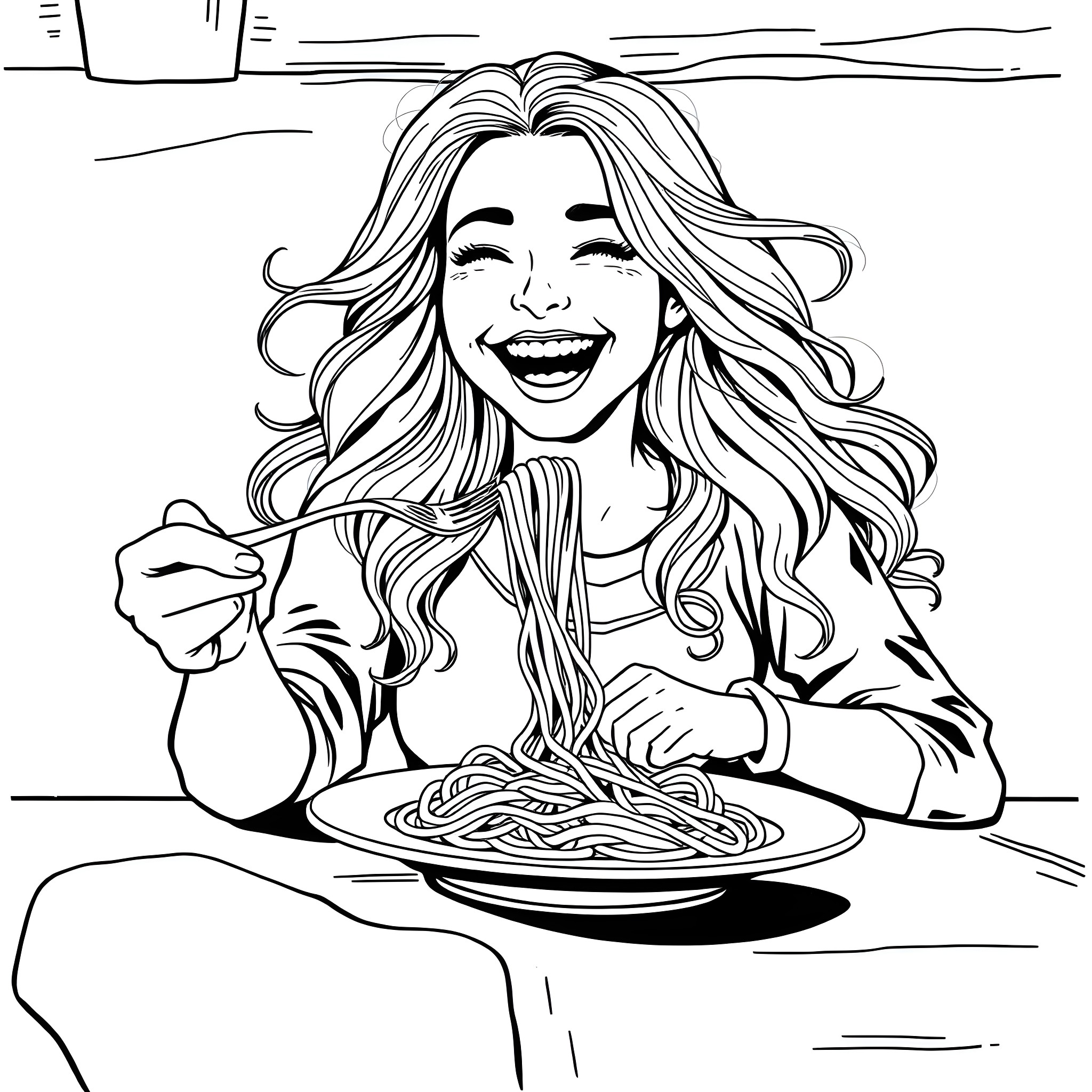 Girl enjoying a delicious meal Coloring Page (free black-and-white line drawing printable PDF for all, from beginners to advanced learners, including children, teens, adults, and seniors)