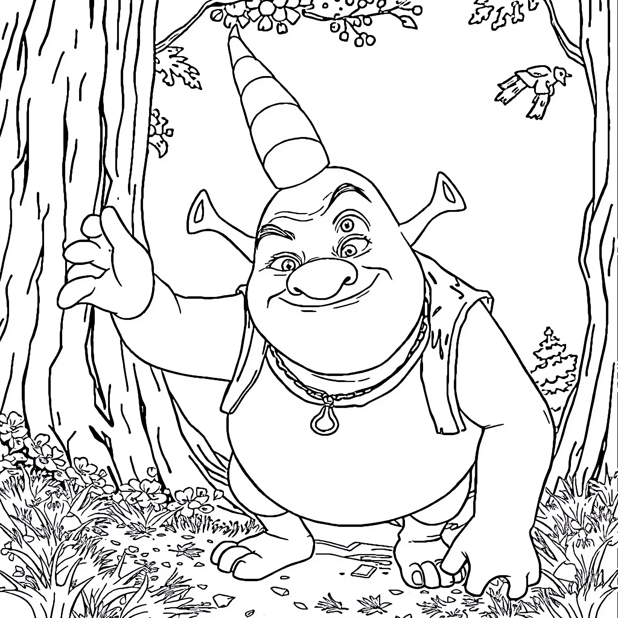 Donkey enjoying nature in the forest Coloring Page (free black-and-white line drawing printable PDF for all, from beginners to advanced learners, including children, teens, adults, and seniors)
