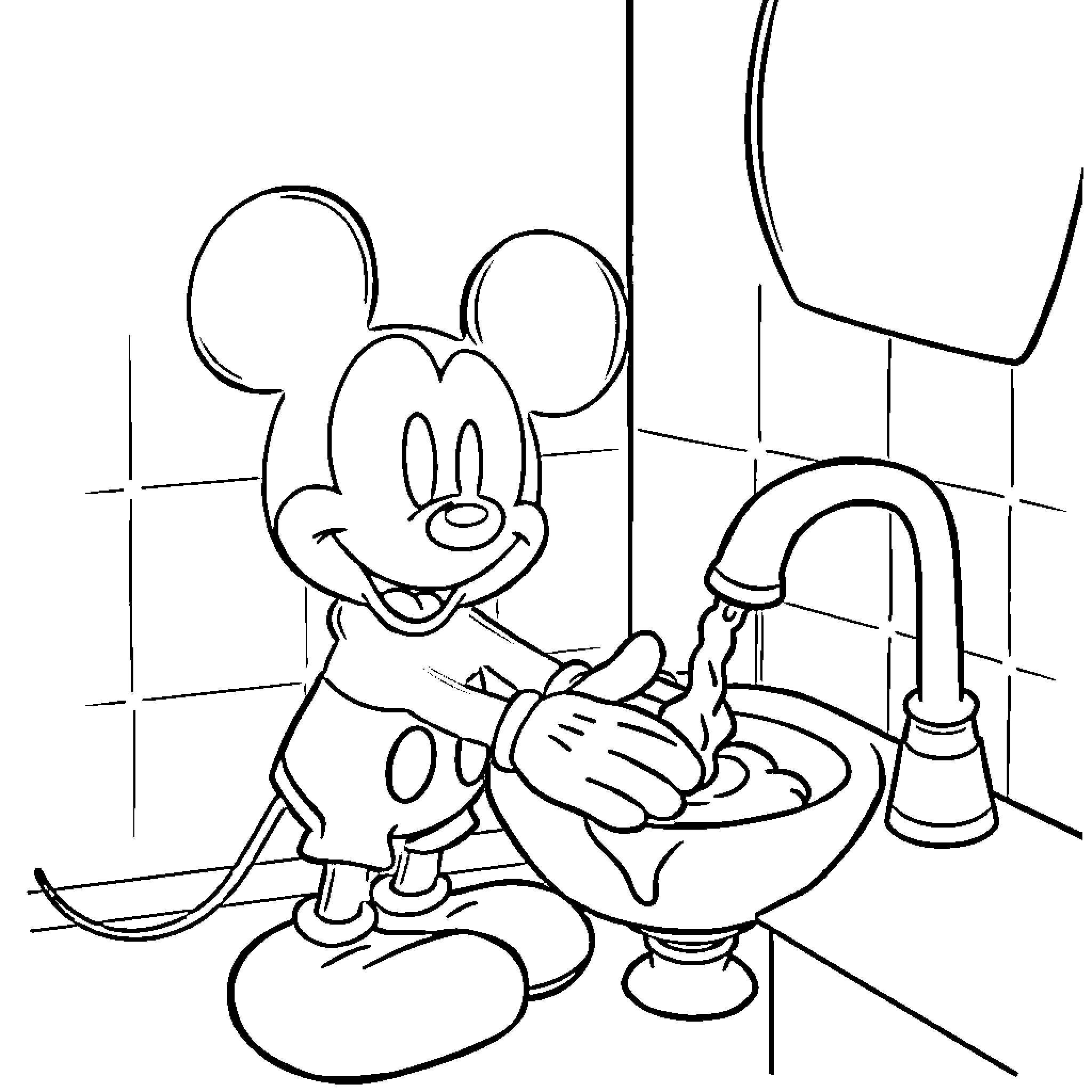 Mickey washing his hands in the bathroom Coloring Page (free black-and-white line drawing printable PDF for all, from beginners to advanced learners, including children, teens, adults, and seniors)