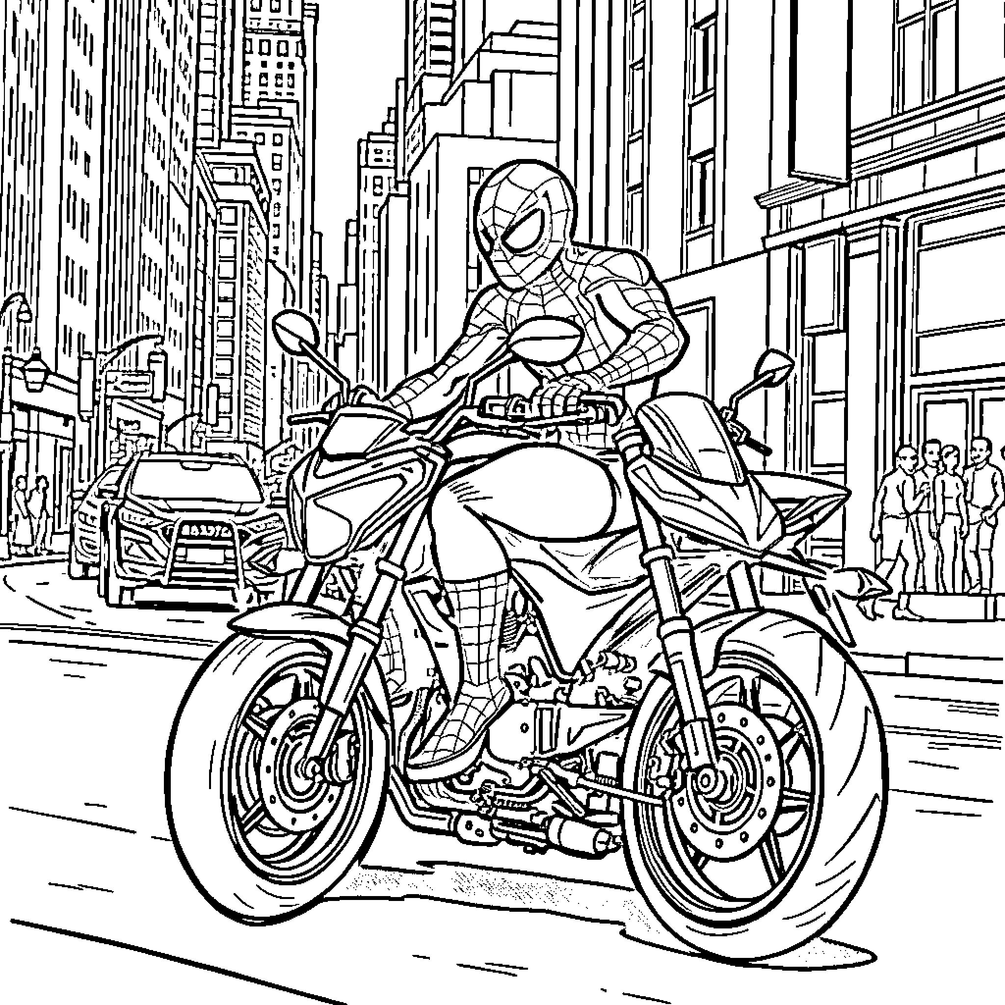 Spider-Man riding a motorcycle through the city Coloring Page (free black-and-white line drawing printable PDF for all, from beginners to advanced learners, including children, teens, adults, and seniors)