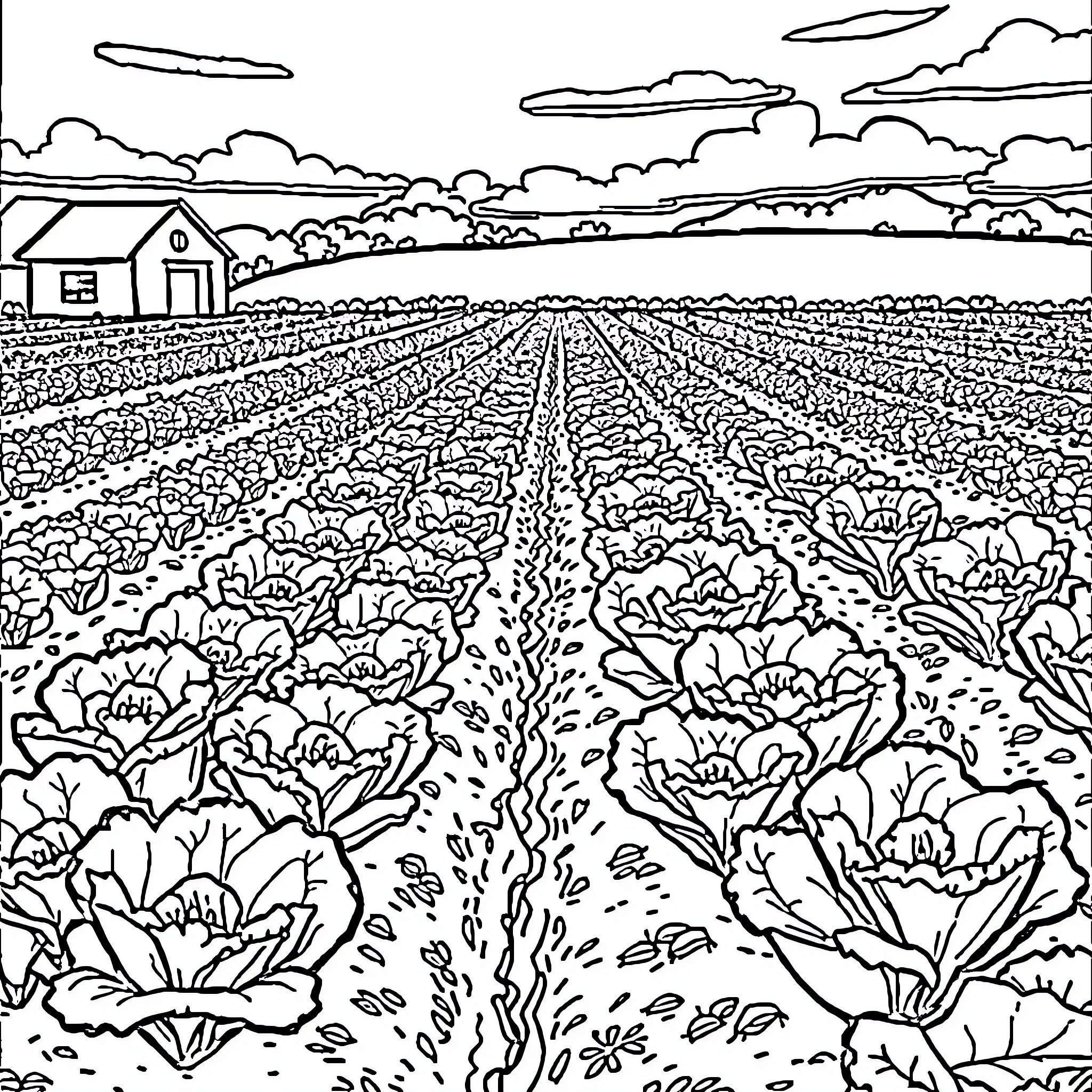 Lettuce garden in a scenic countryside landscape Coloring Page (free black-and-white line drawing printable PDF for all, from beginners to advanced learners, including children, teens, adults, and seniors)