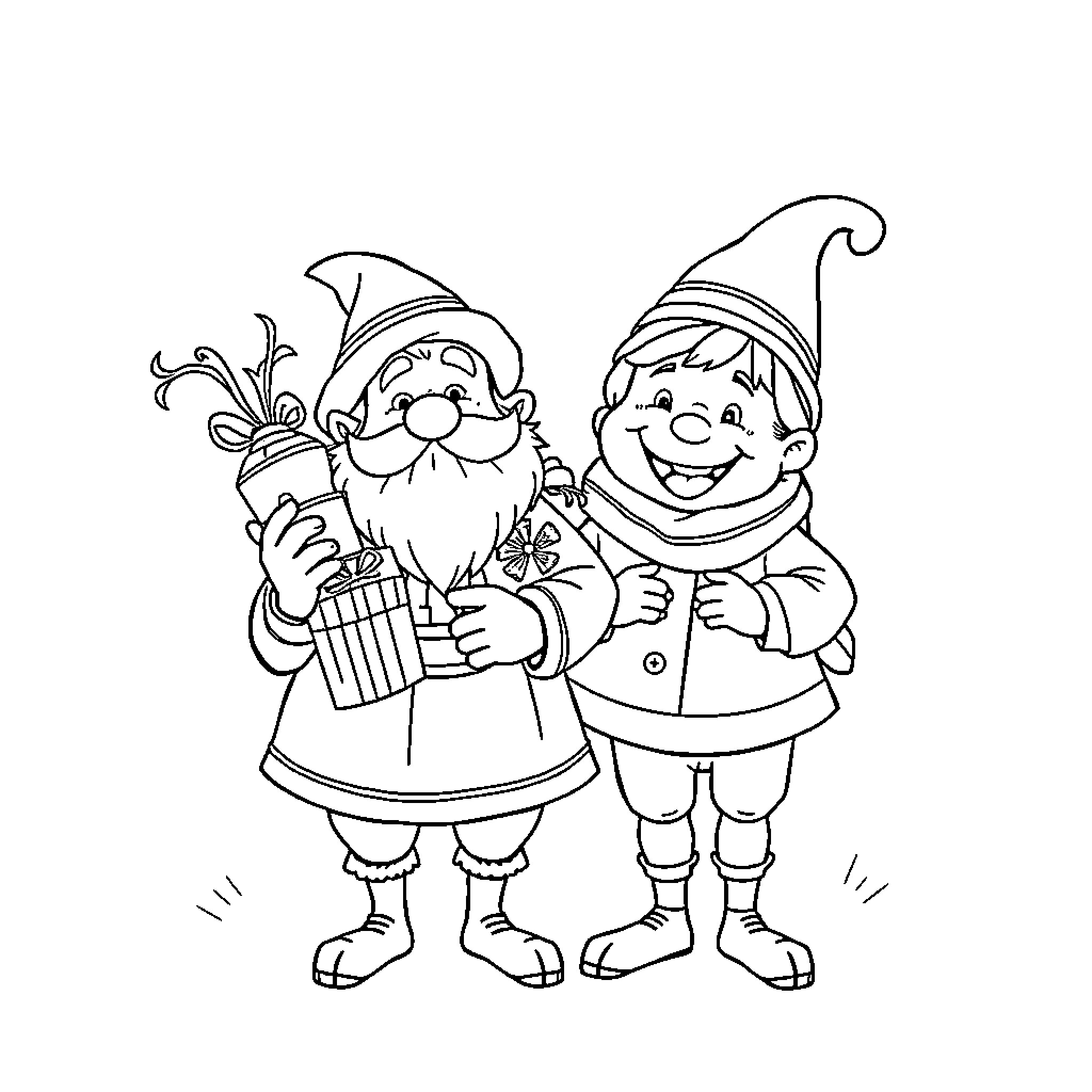 Olentzero and helper elves preparing for celebration Coloring Page (free black-and-white line drawing printable PDF for all, from beginners to advanced learners, including children, teens, adults, and seniors)