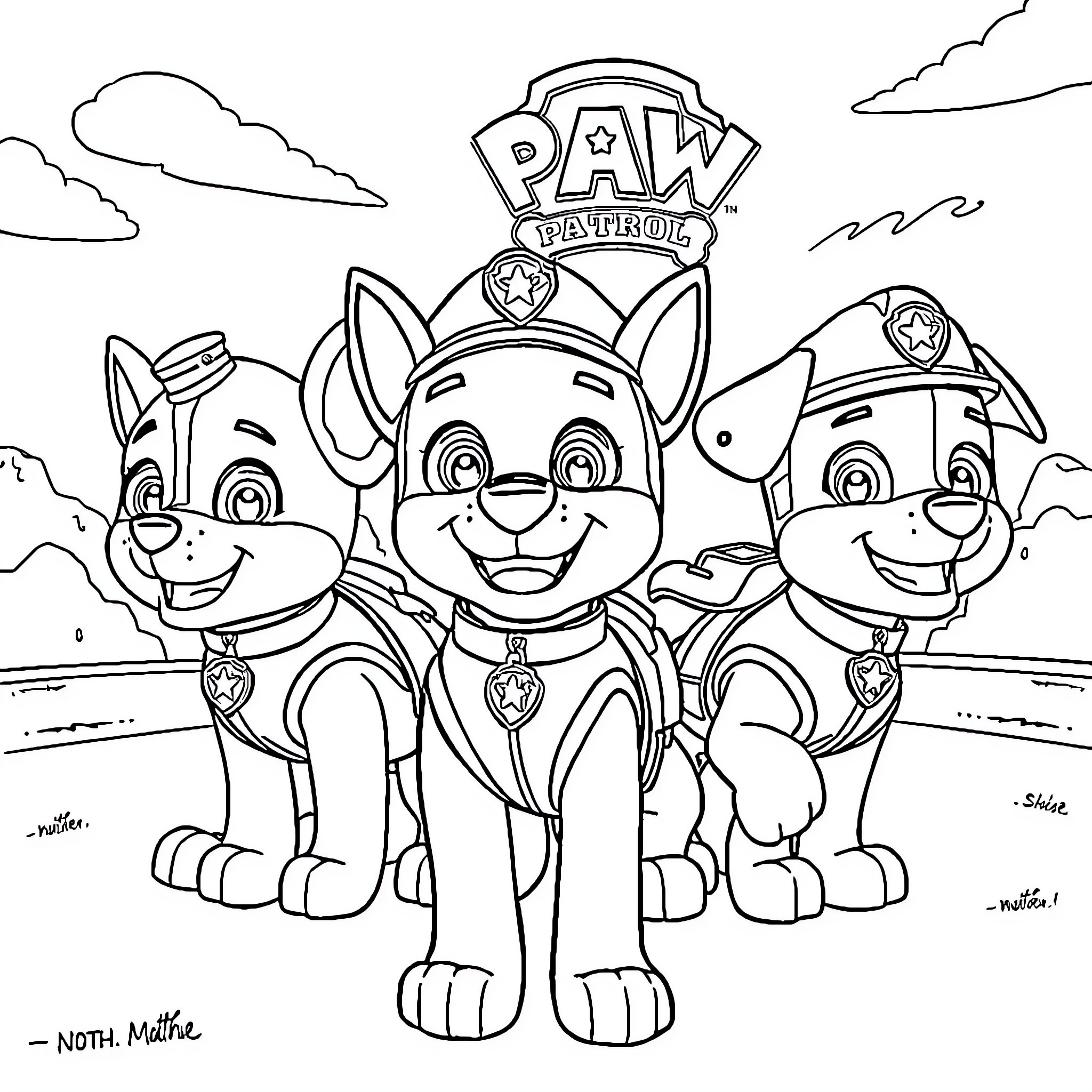 Paw Patrol characters in heroic poses Coloring Page (free black-and-white line drawing printable PDF for all, from beginners to advanced learners, including children, teens, adults, and seniors)