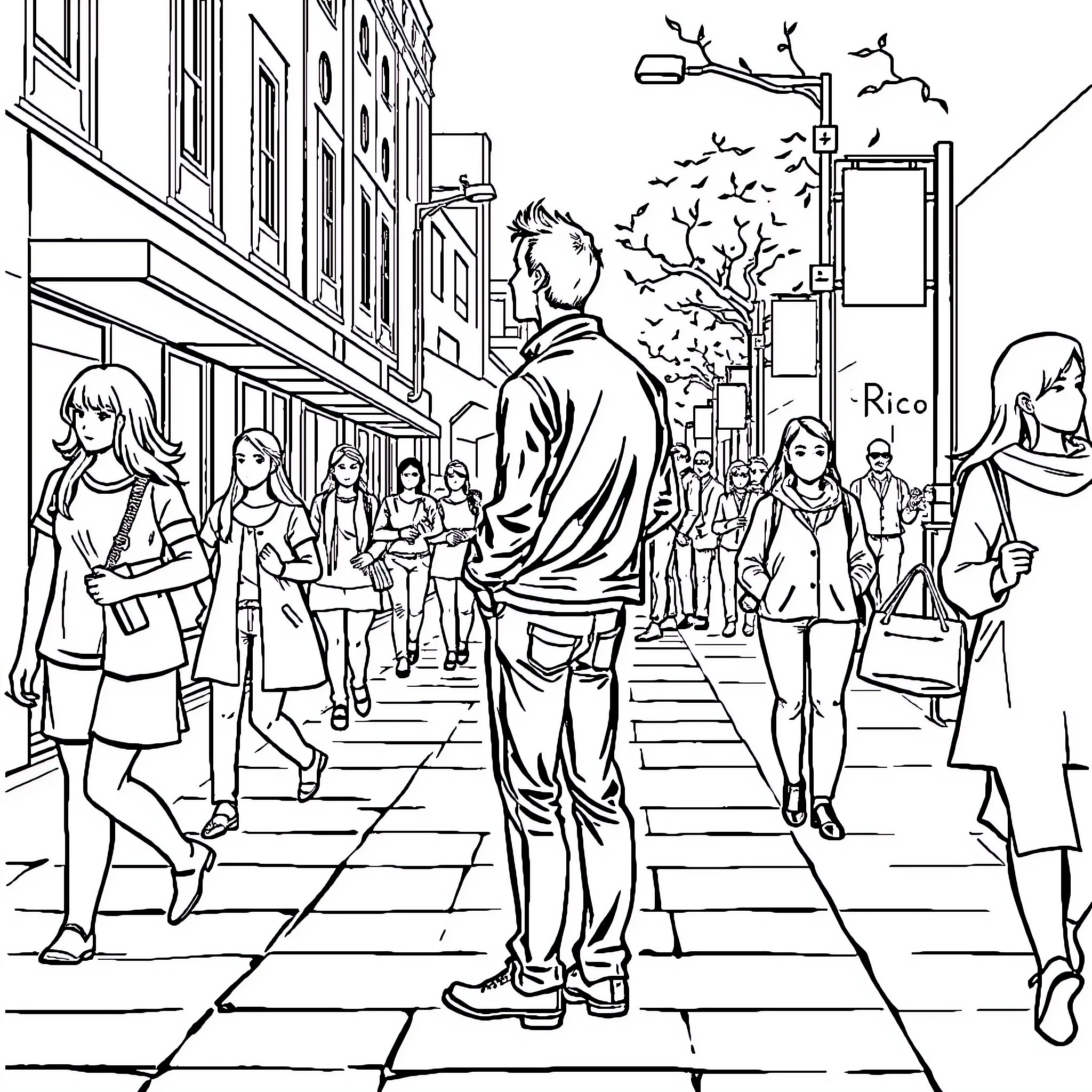 Man exploring a bustling city street Coloring Page (free black-and-white line drawing printable PDF for all, from beginners to advanced learners, including children, teens, adults, and seniors)