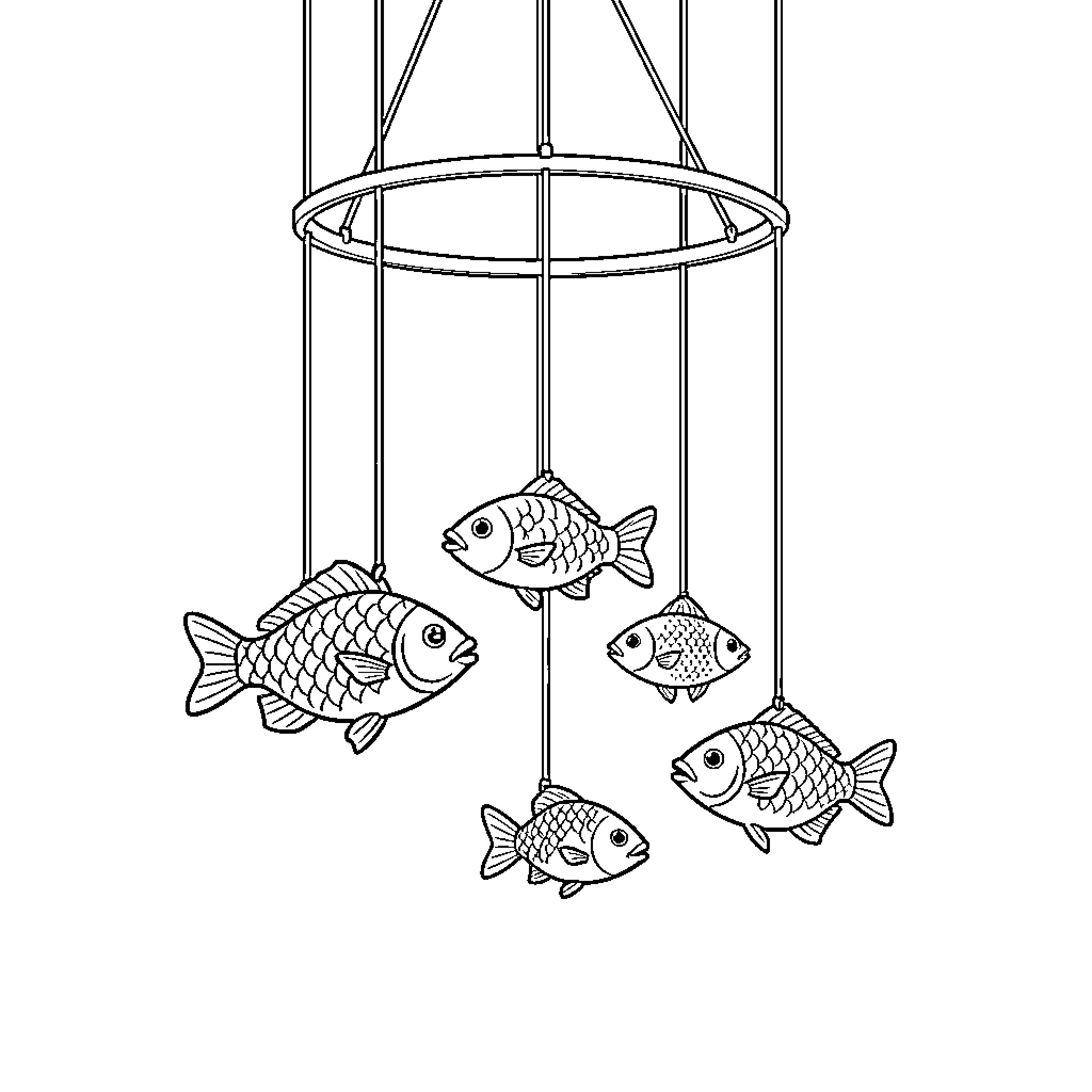 Fish hanging from a mobile structure Coloring Page (free black-and-white line drawing printable PDF for all, from beginners to advanced learners, including children, teens, adults, and seniors)
