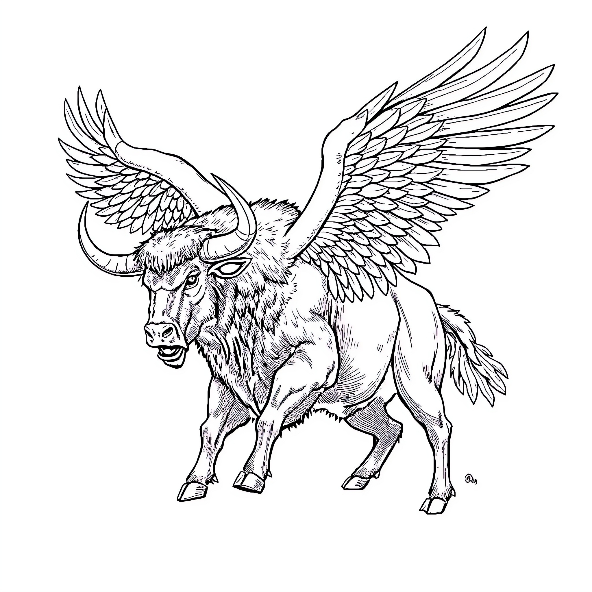Bull with majestic wings soaring in the air Coloring Page (free black-and-white line drawing printable PDF for all, from beginners to advanced learners, including children, teens, adults, and seniors)