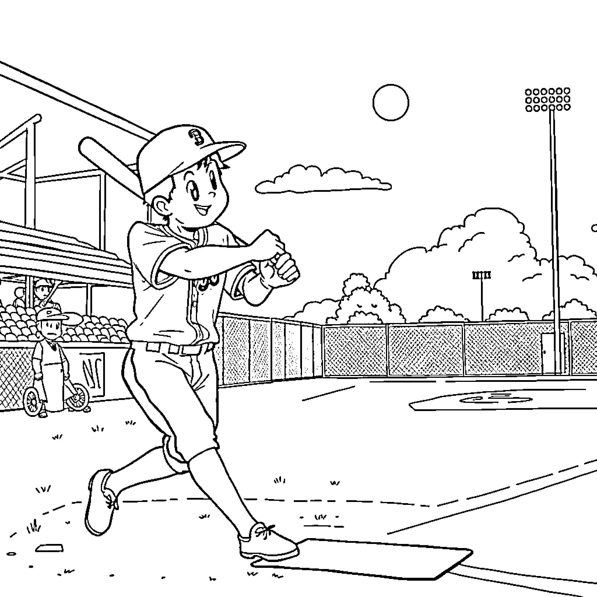Hanamichi Sakuragi playing baseball on the field Coloring Page (free black-and-white line drawing printable PDF for all, from beginners to advanced learners, including children, teens, adults, and seniors)