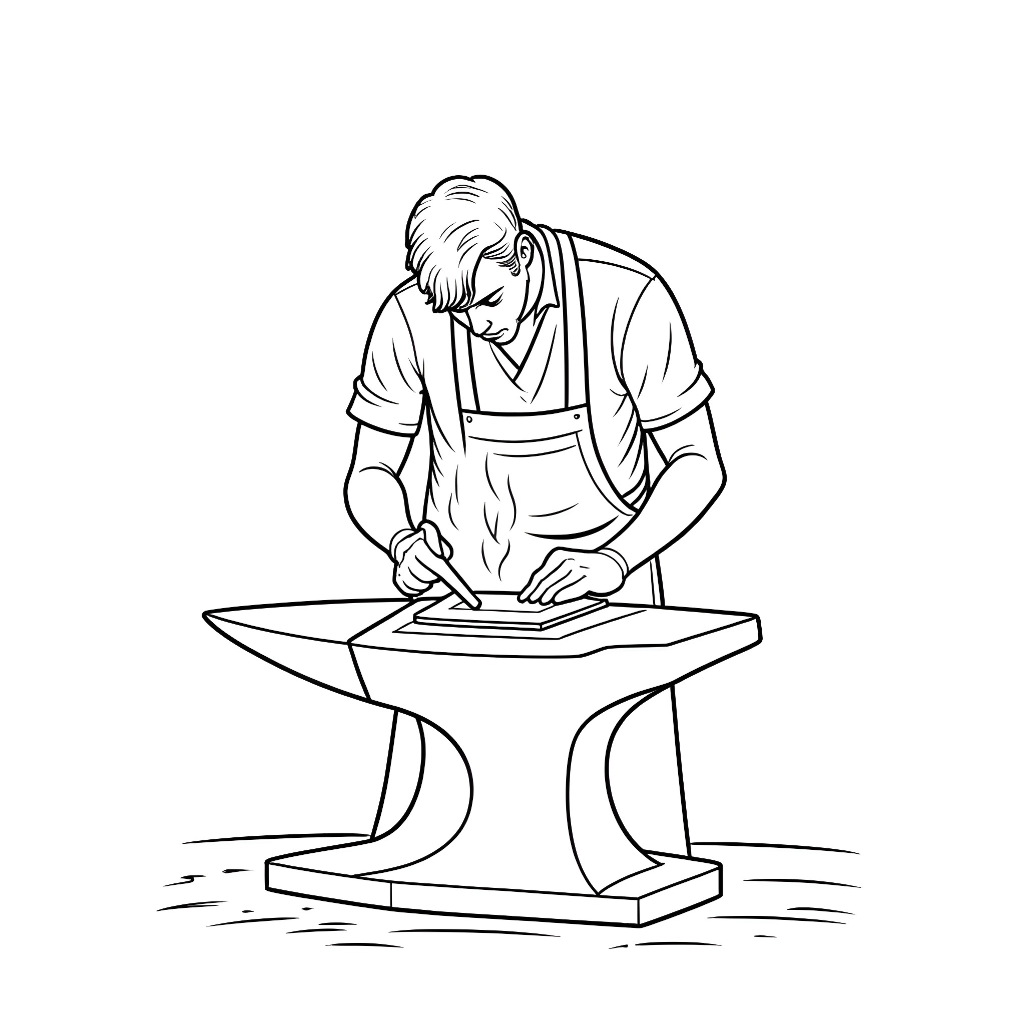 Blacksmith Crafting Metal on Anvil Coloring Page (free black-and-white line drawing printable PDF for all, from beginners to advanced learners, including children, teens, adults, and seniors)