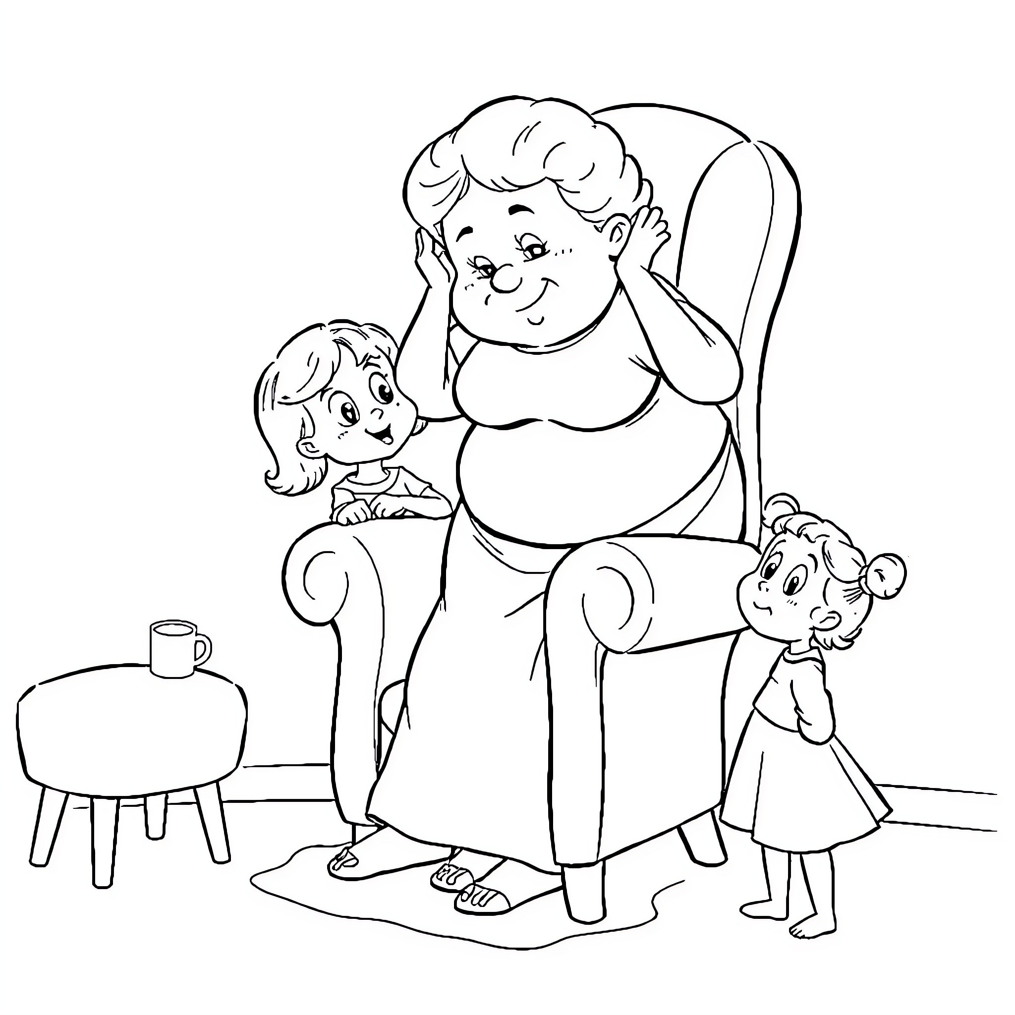 Lady comforts children in cozy home scene Coloring Page (free black-and-white line drawing printable PDF for all, from beginners to advanced learners, including children, teens, adults, and seniors)