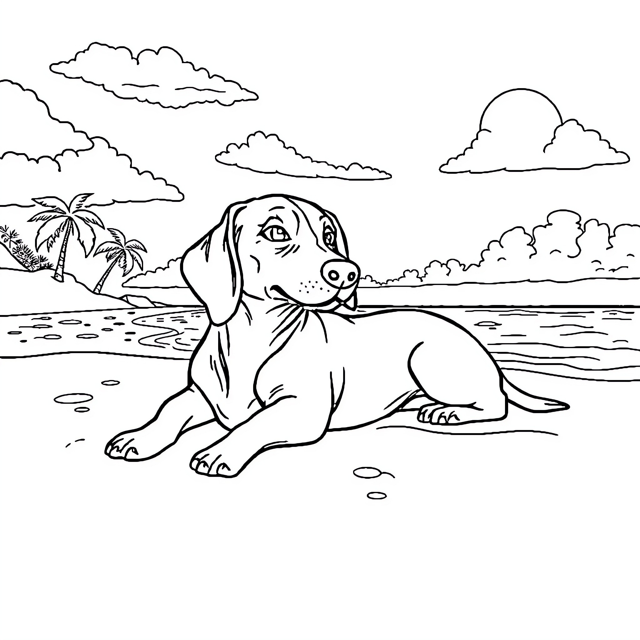 Sausage Dog relaxing on the beach Coloring Page (free black-and-white line drawing printable PDF for all, from beginners to advanced learners, including children, teens, adults, and seniors)