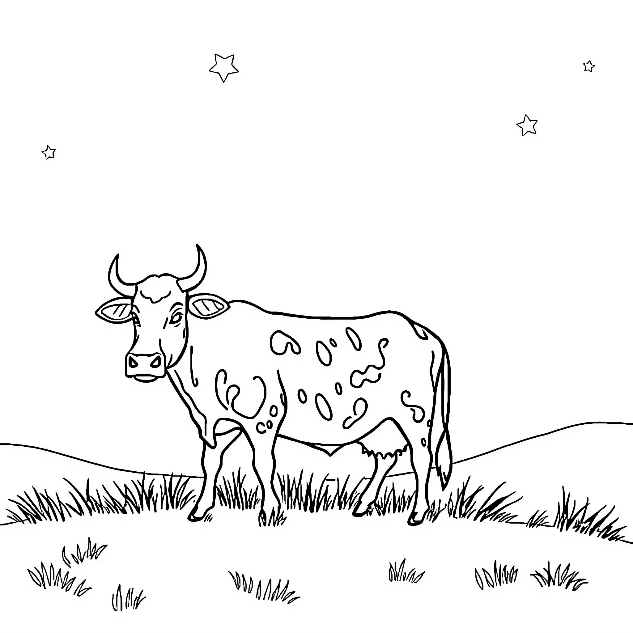 Cow standing in the field under the starry night Coloring Page (free black-and-white line drawing printable PDF for all, from beginners to advanced learners, including children, teens, adults, and seniors)