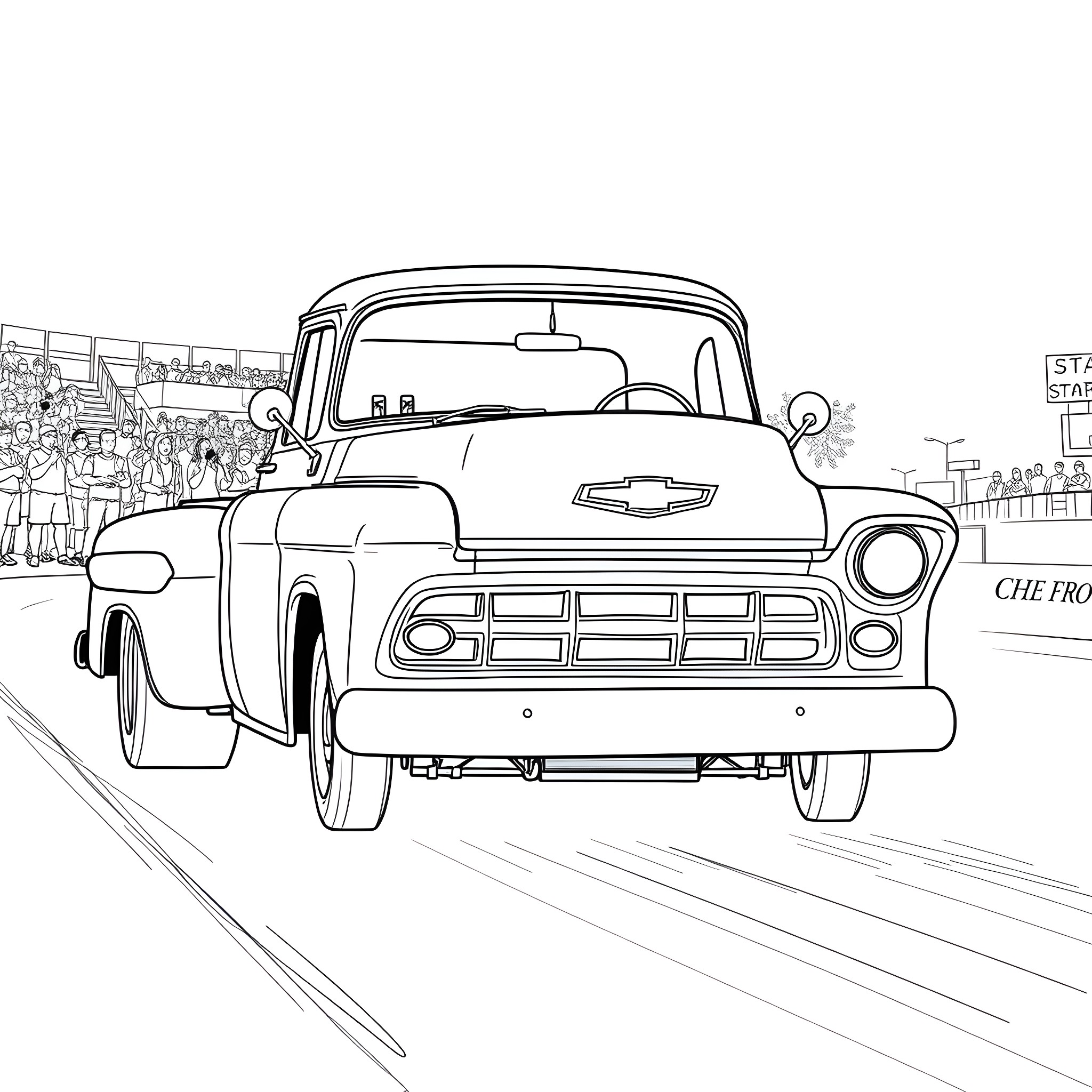 Chevy classic truck cruising on the road Coloring Page (free black-and-white line drawing printable PDF for all, from beginners to advanced learners, including children, teens, adults, and seniors)