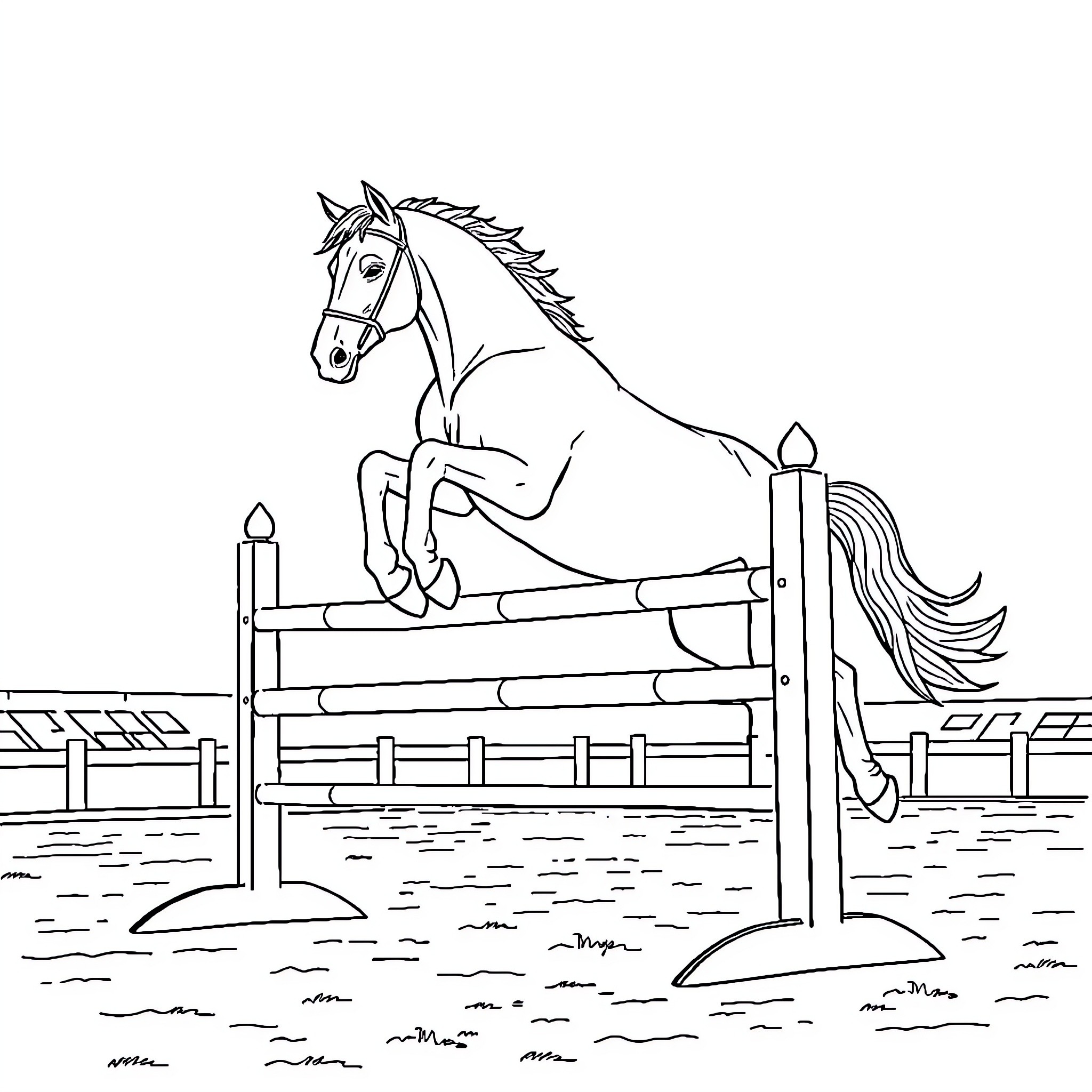 Horse jumping over obstacle course Coloring Page (free black-and-white line drawing printable PDF for all, from beginners to advanced learners, including children, teens, adults, and seniors)