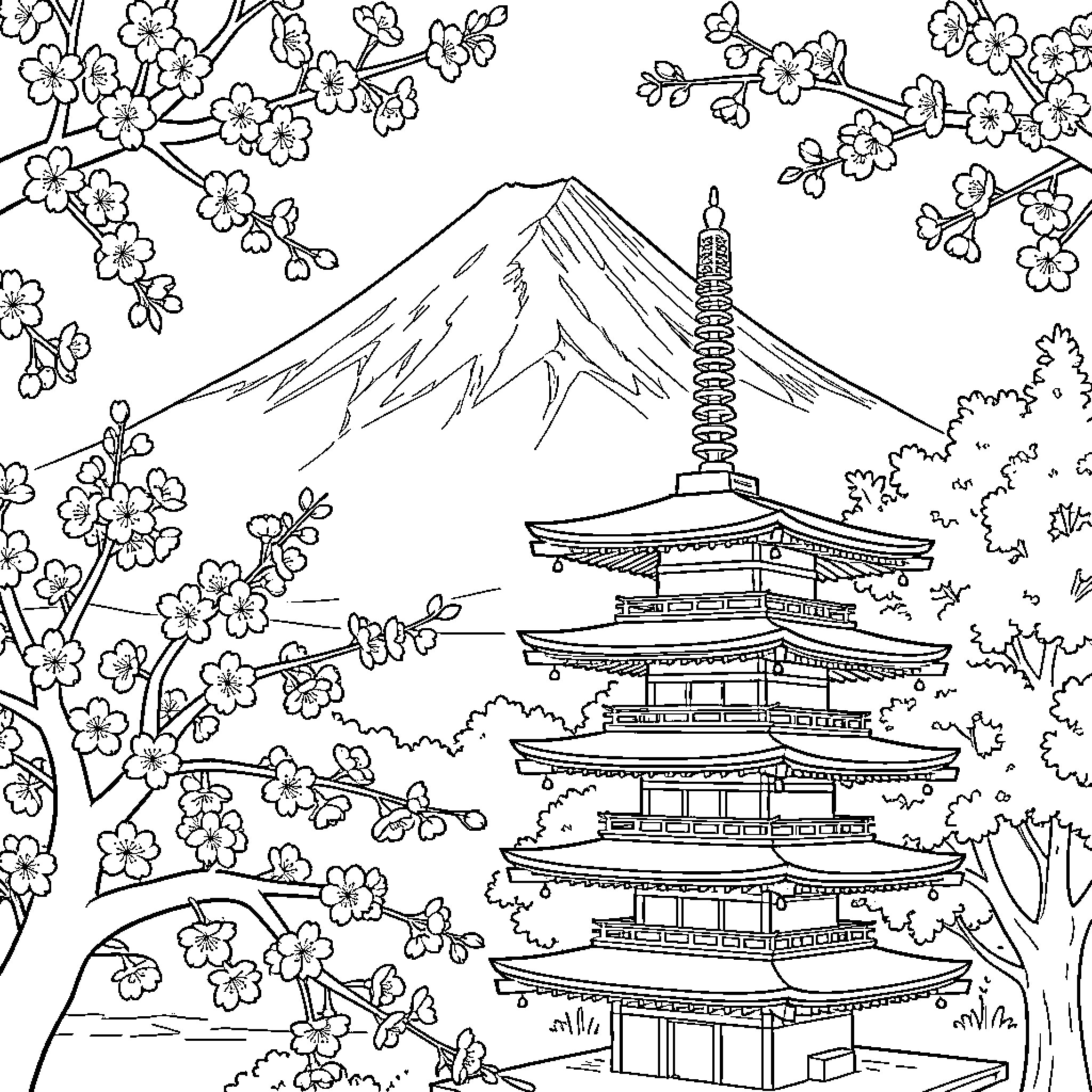 Mount Fuji viewed through blossoming cherry trees and pagoda Coloring Page (free black-and-white line drawing printable PDF for all, from beginners to advanced learners, including children, teens, adults, and seniors)