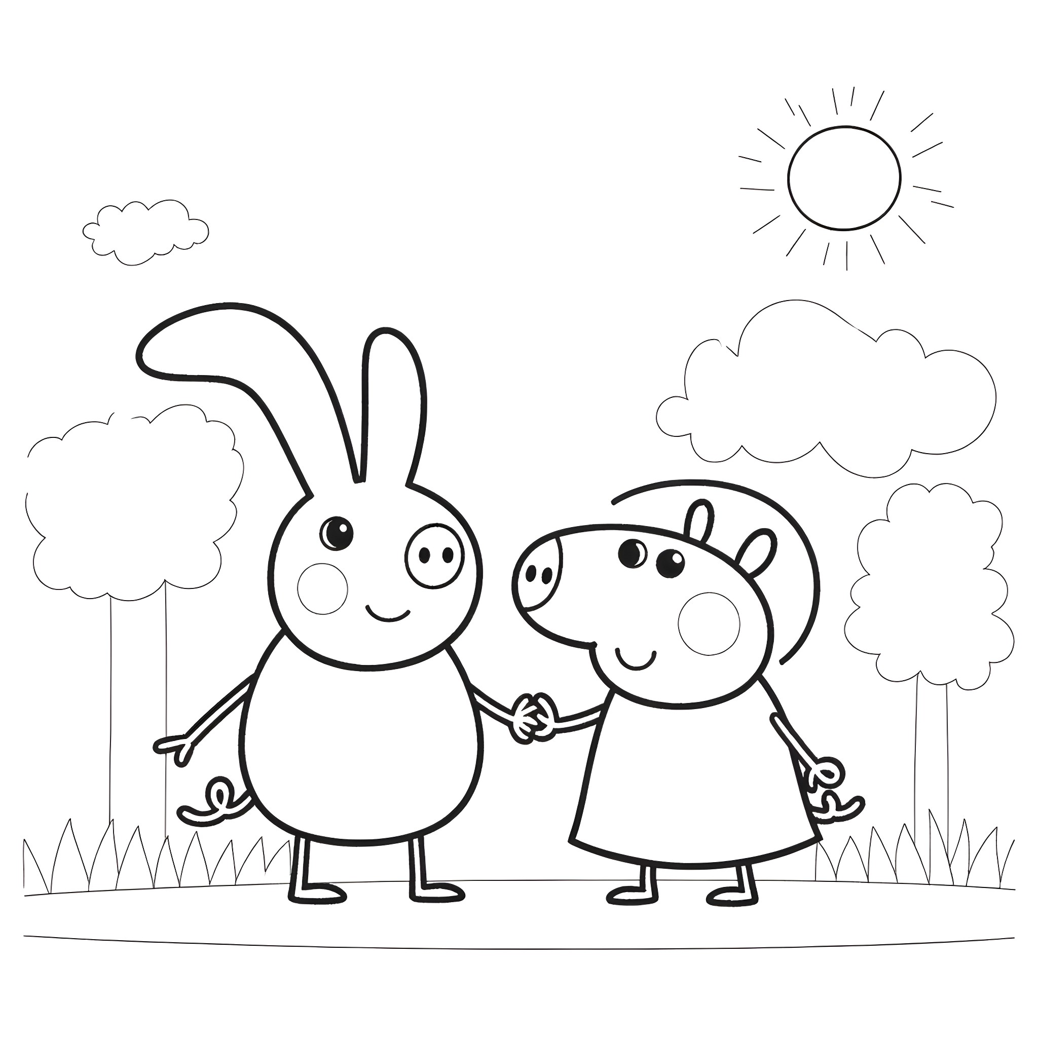 Cinamoroll and friends enjoying the sunny day Coloring Page (free black-and-white line drawing printable PDF for all, from beginners to advanced learners, including children, teens, adults, and seniors)