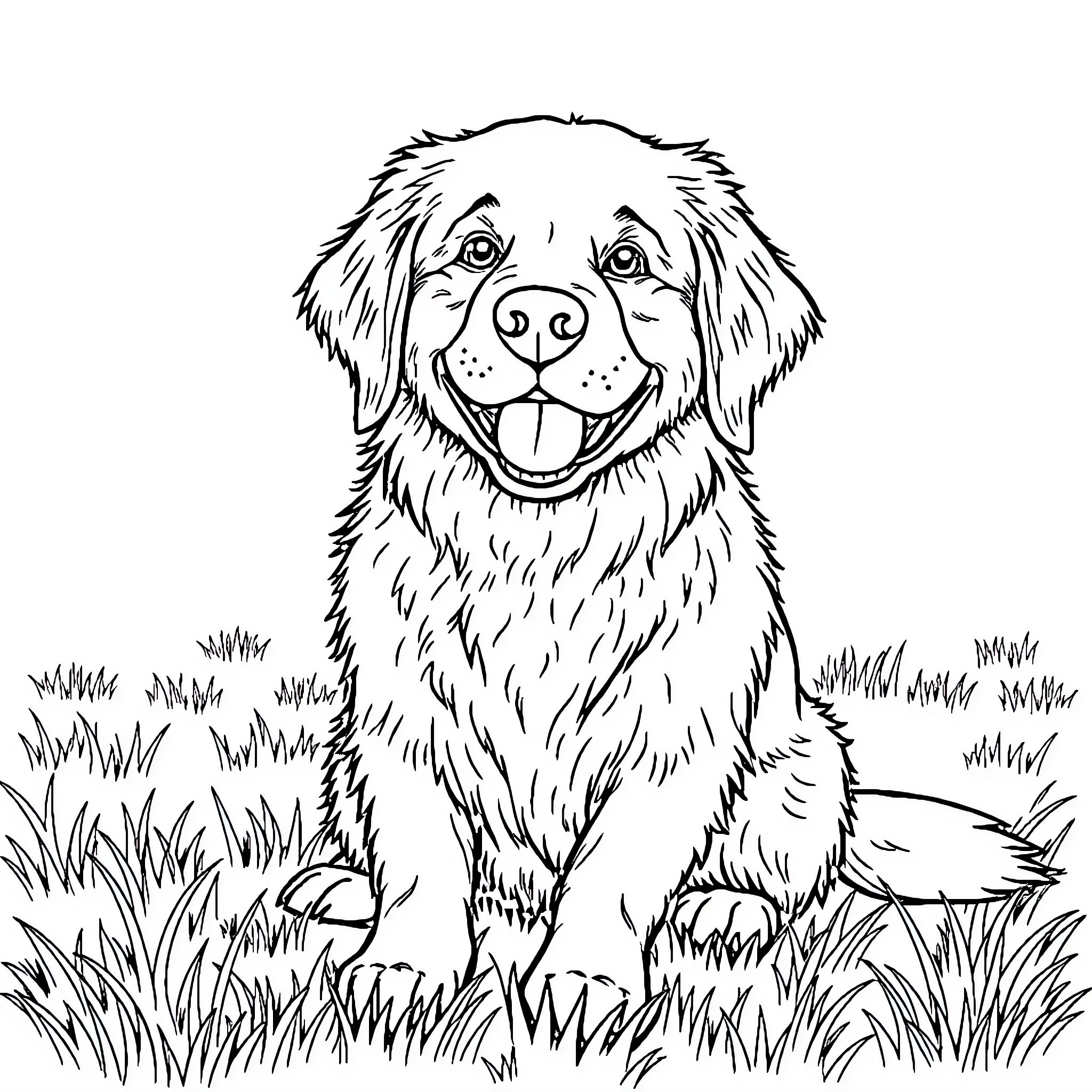 Retriever playing joyfully in the grassy field Coloring Page (free black-and-white line drawing printable PDF for all, from beginners to advanced learners, including children, teens, adults, and seniors)