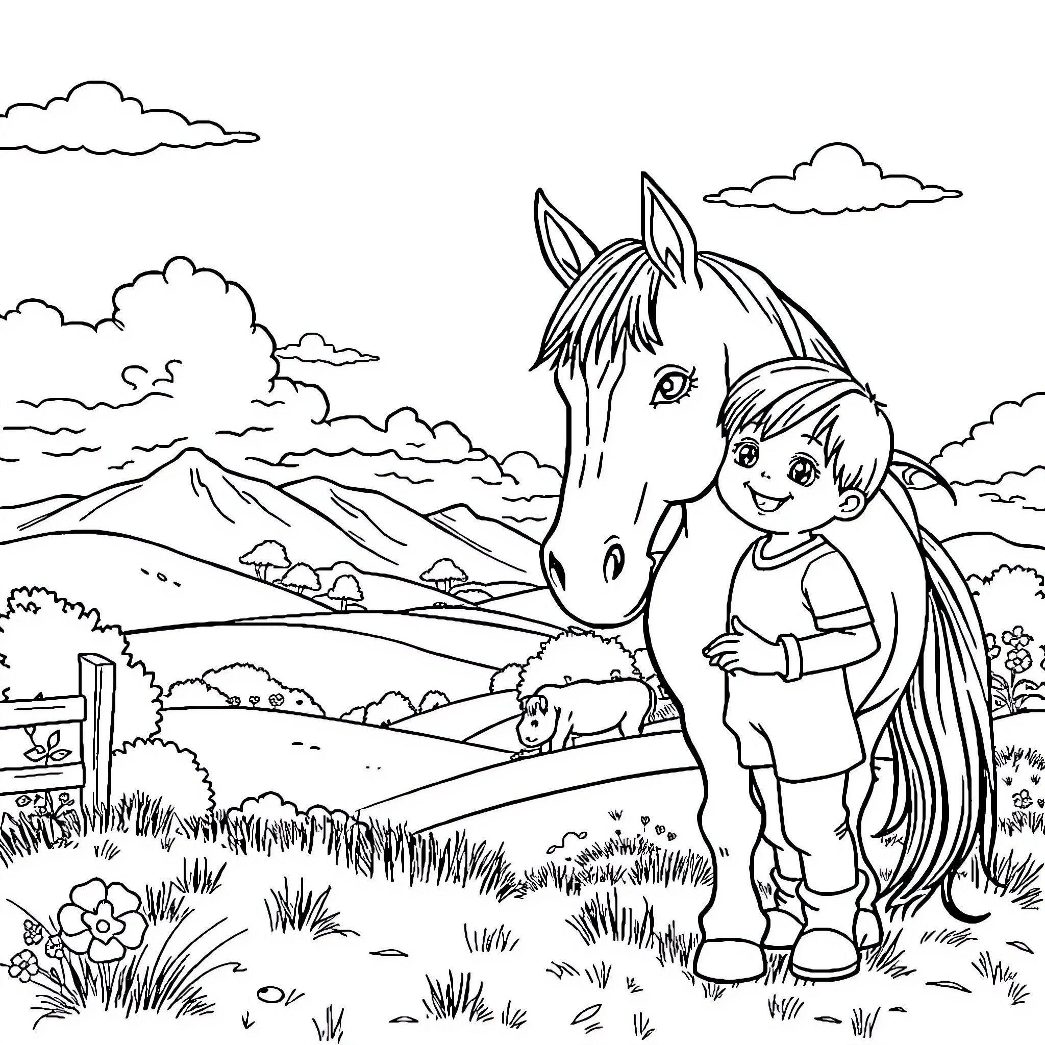 Child interacting with a friendly horse in a rural setting Coloring Page (free black-and-white line drawing printable PDF for all, from beginners to advanced learners, including children, teens, adults, and seniors)