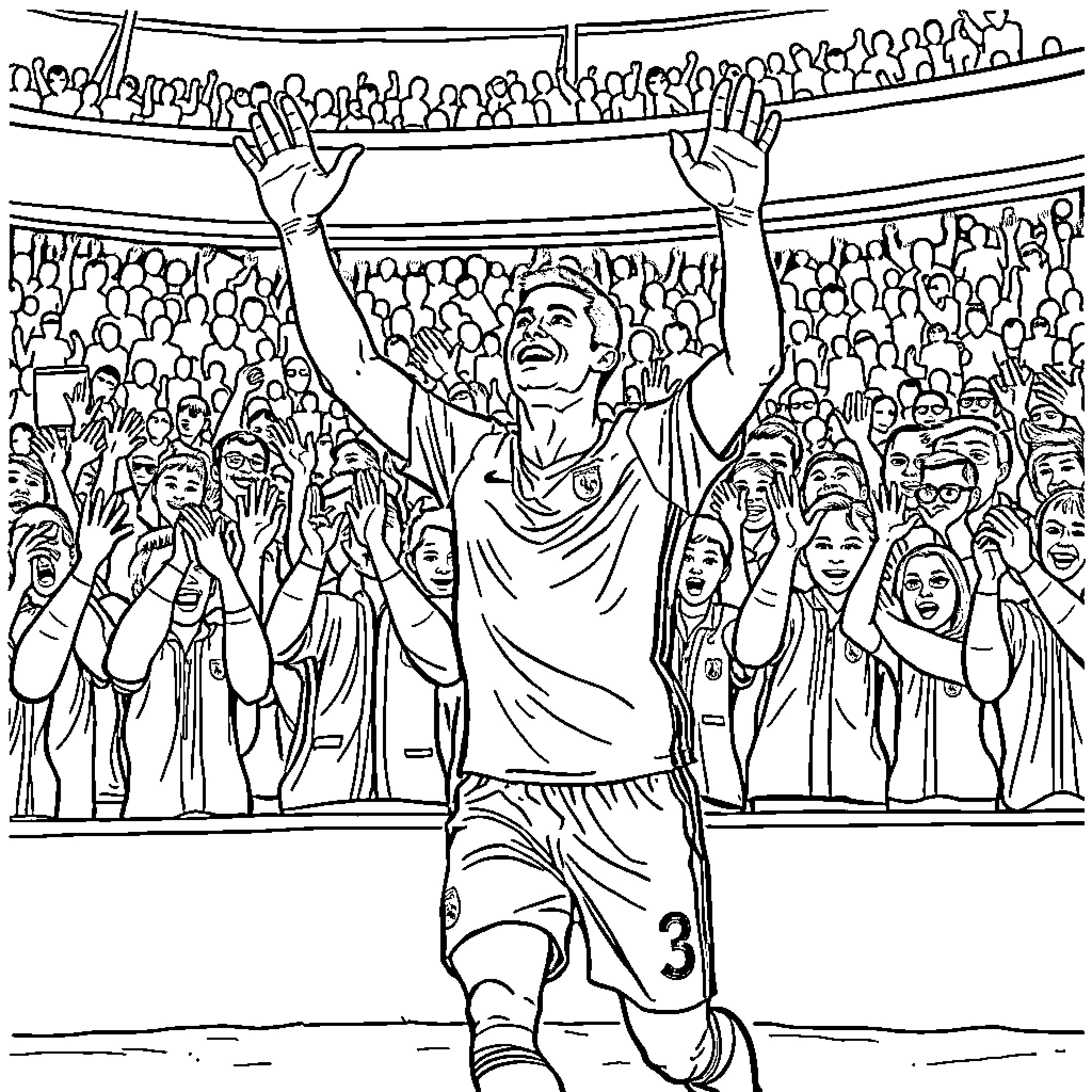 Cristiano Ronaldo Celebrates Victory with Cheering Crowd Coloring Page (free black-and-white line drawing printable PDF for all, from beginners to advanced learners, including children, teens, adults, and seniors)
