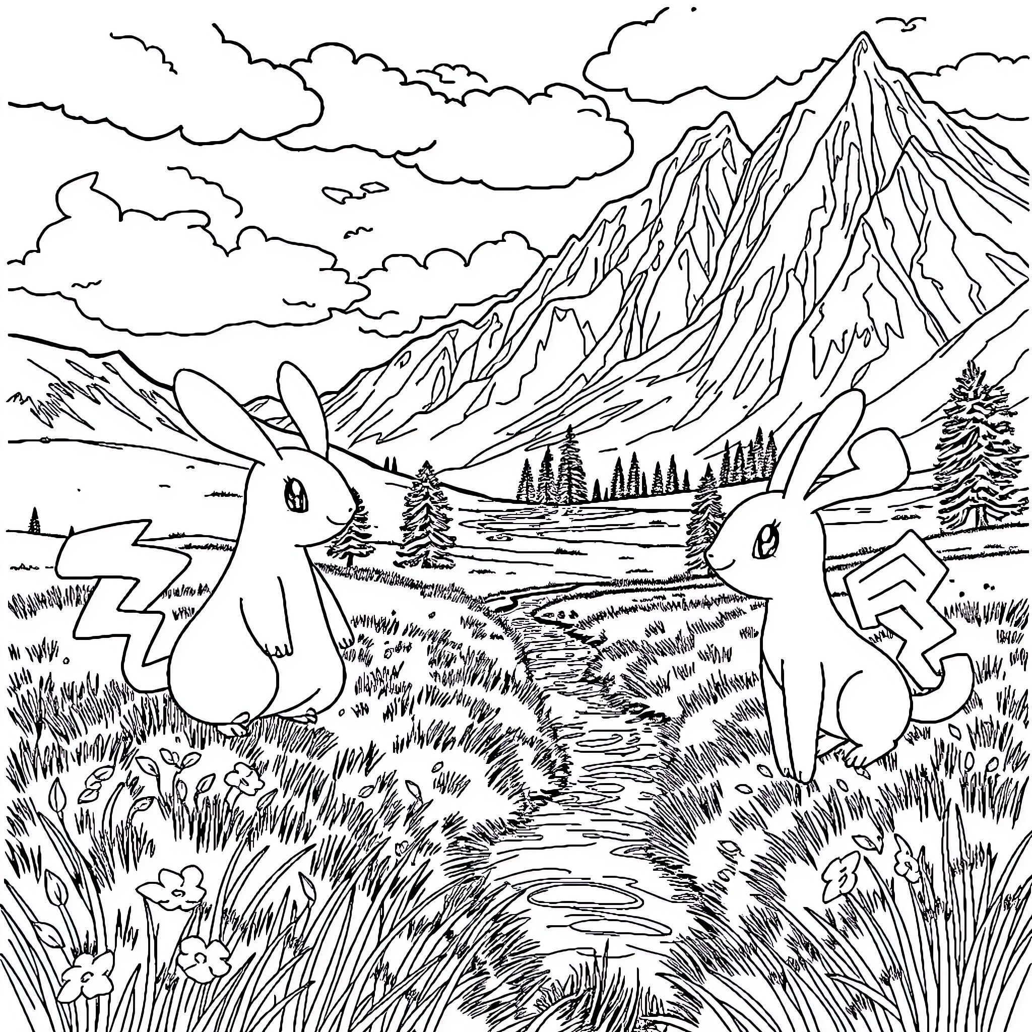 Pokémon Bunny Pair Exploring Scenic Mountainous Landscape Coloring Page (free black-and-white line drawing printable PDF for all, from beginners to advanced learners, including children, teens, adults, and seniors)