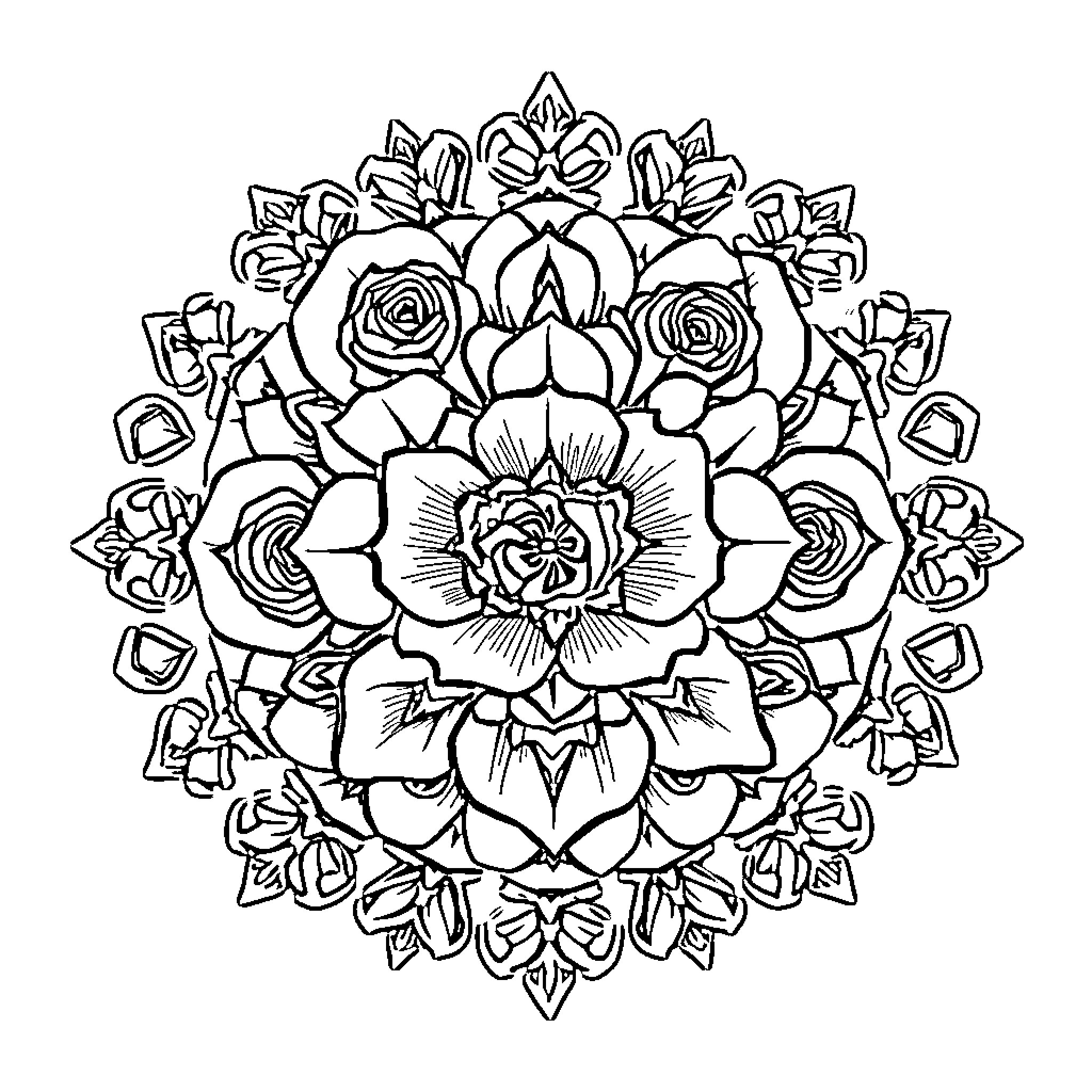 Rose Floral Mandala Design Coloring Page (free black-and-white line drawing printable PDF for all, from beginners to advanced learners, including children, teens, adults, and seniors)