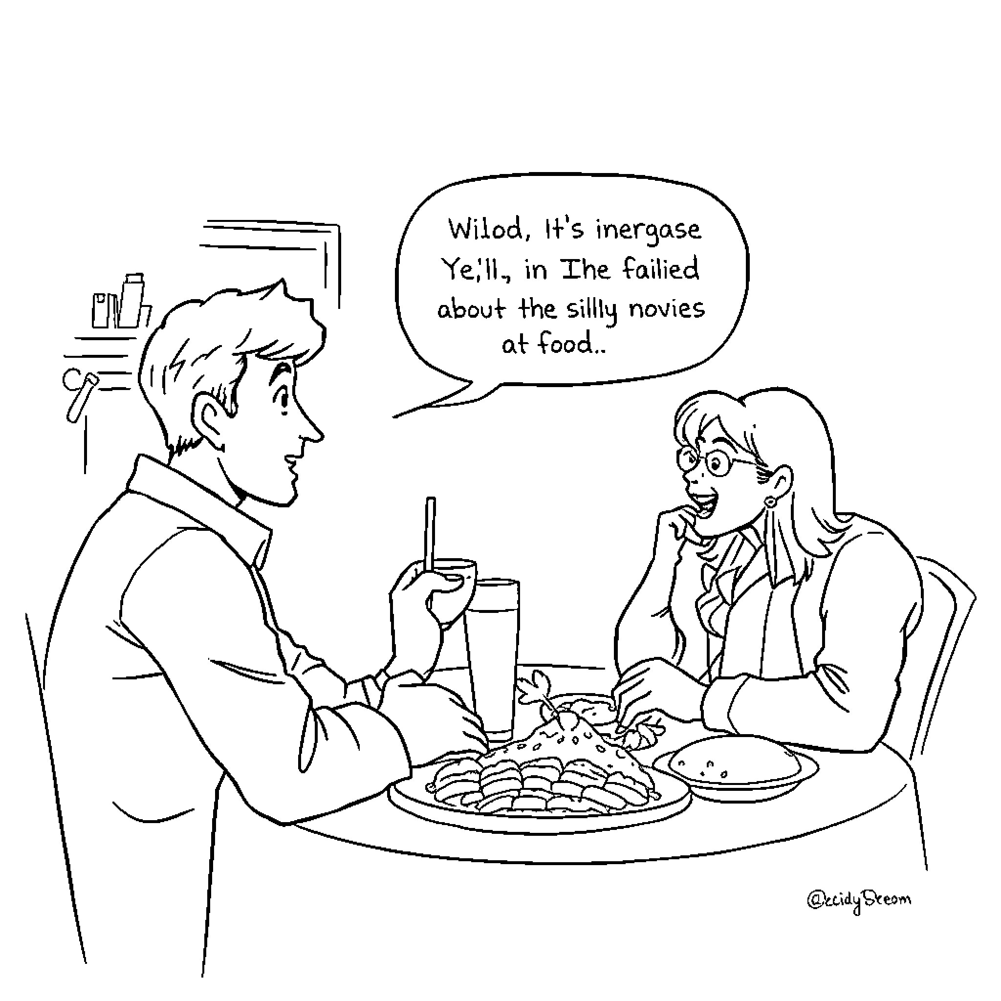 Brainrot: Couple Discussing Silly Moves at Mealtime Coloring Page (free black-and-white line drawing printable PDF for all, from beginners to advanced learners, including children, teens, adults, and seniors)