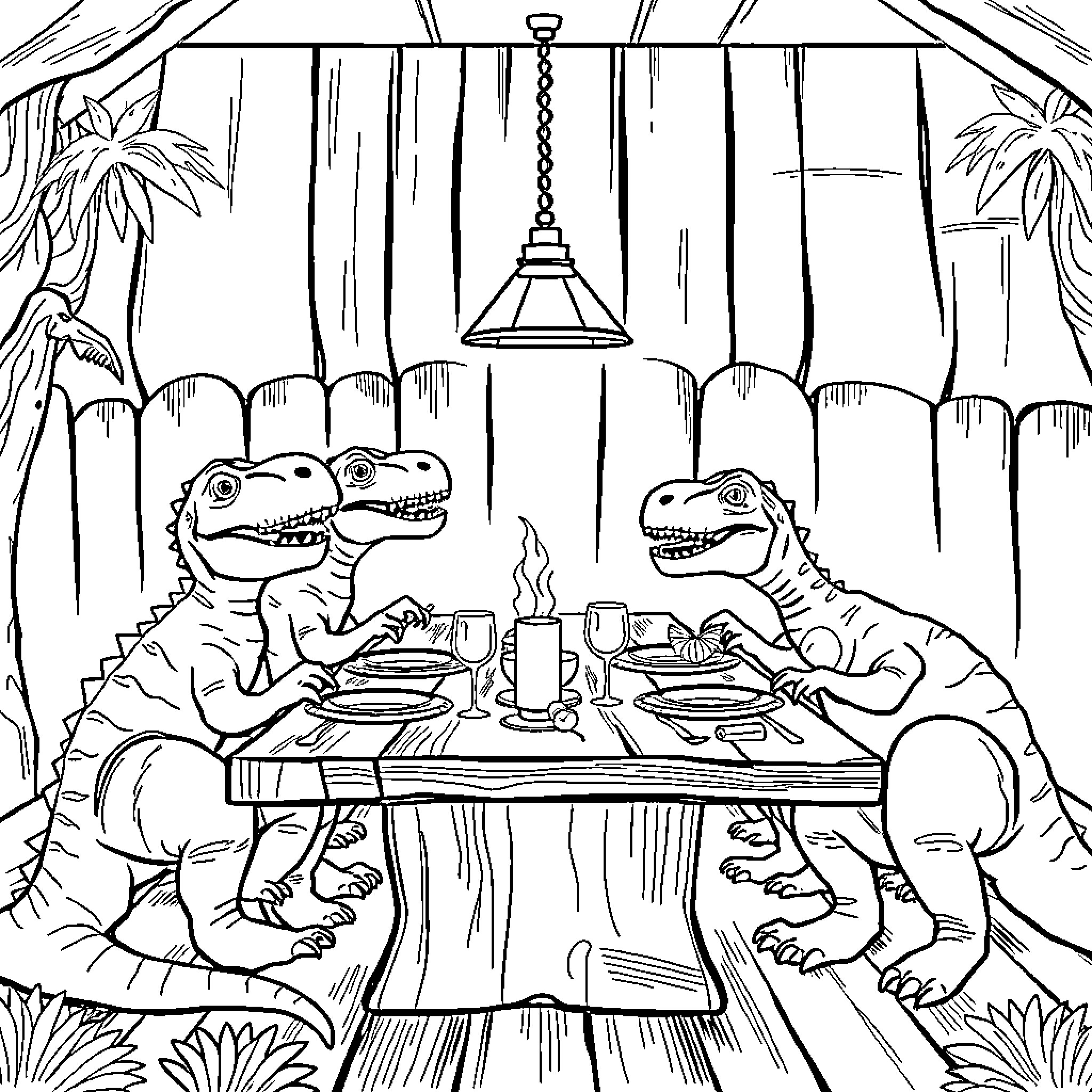 Dinosaurs enjoying a candlelit dinner in the jungle Coloring Page (free black-and-white line drawing printable PDF for all, from beginners to advanced learners, including children, teens, adults, and seniors)