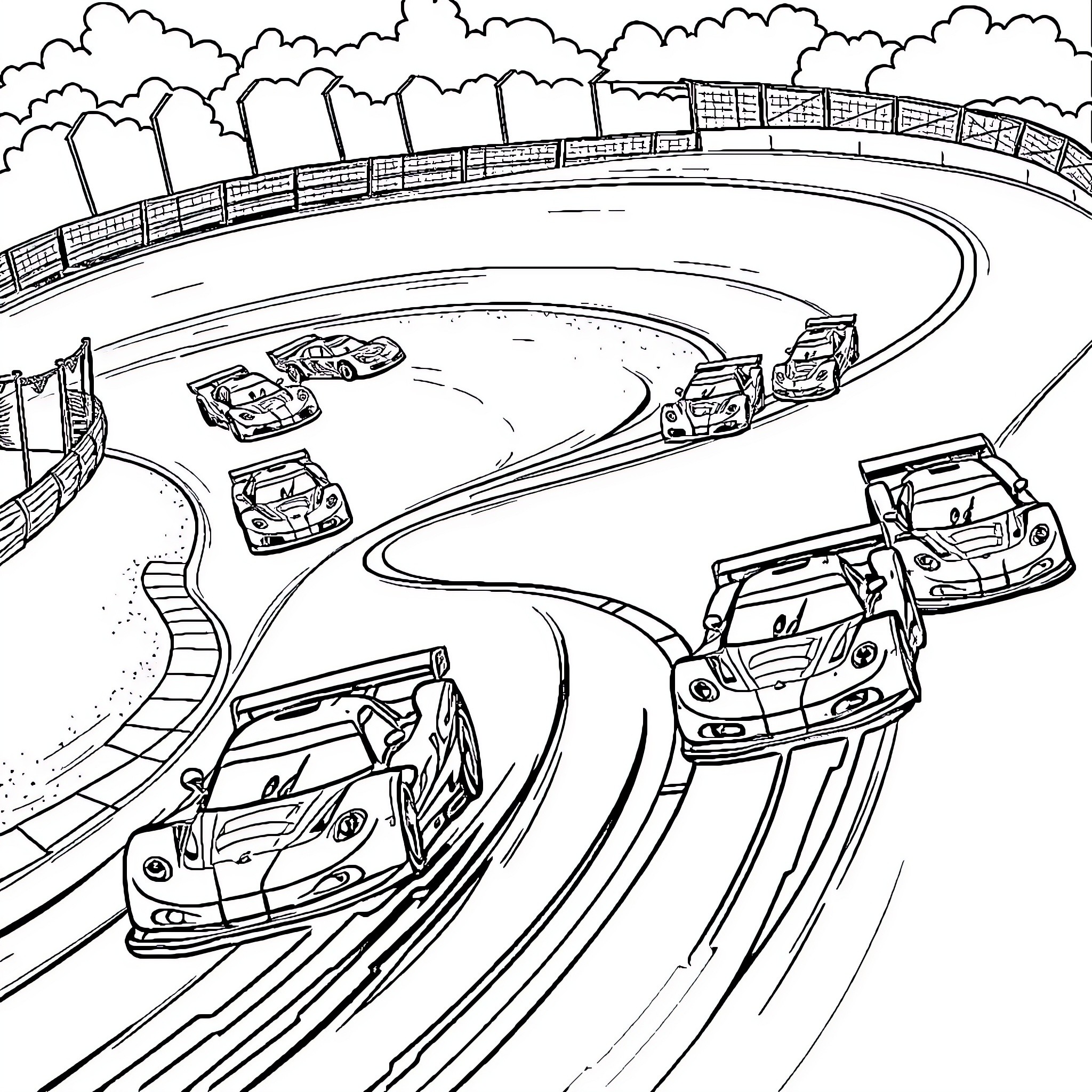 Racecar Drivers Competing on Winding Track Coloring Page (free black-and-white line drawing printable PDF for all, from beginners to advanced learners, including children, teens, adults, and seniors)