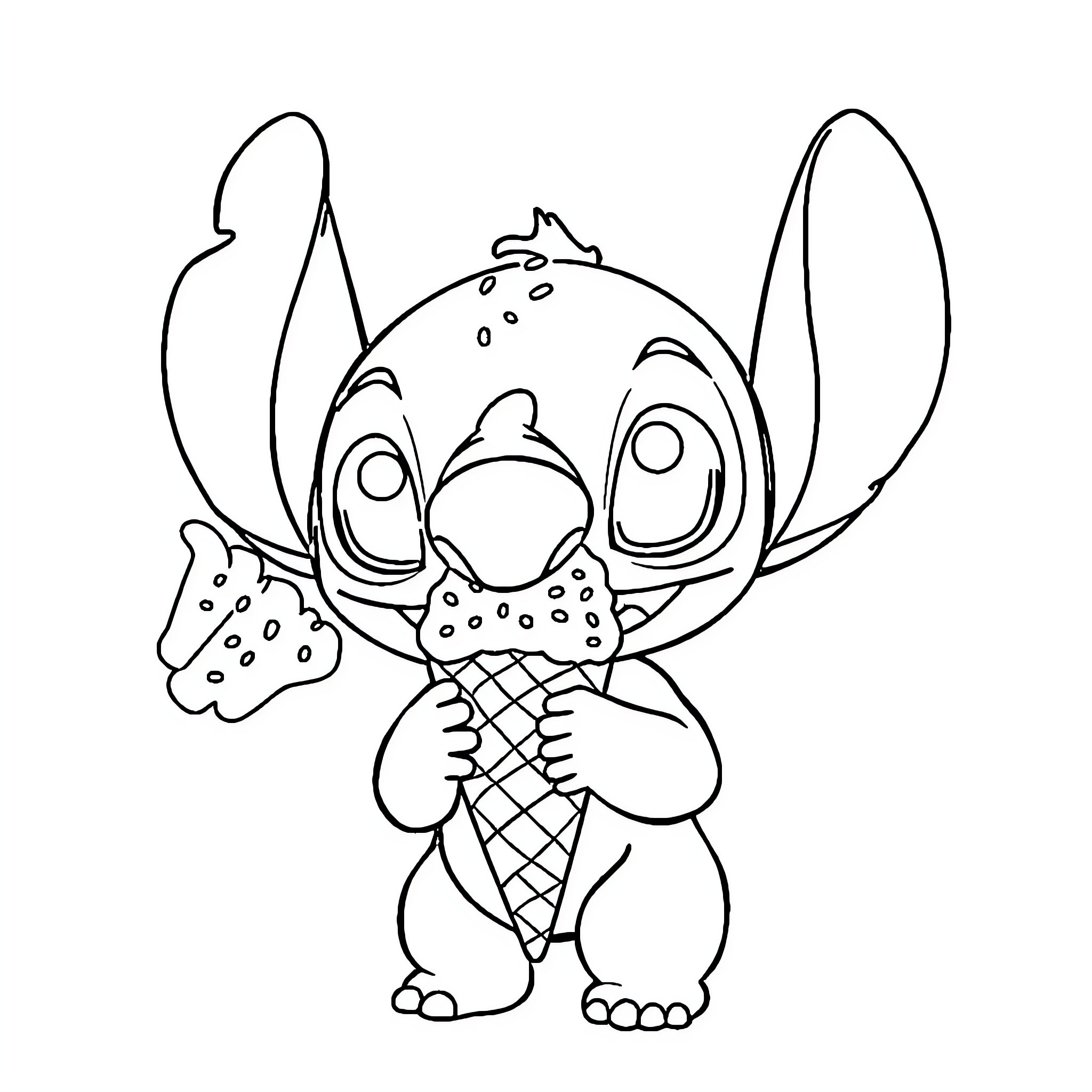 Stitch eating an ice cream cone Coloring Page (free black-and-white line drawing printable PDF for all, from beginners to advanced learners, including children, teens, adults, and seniors)
