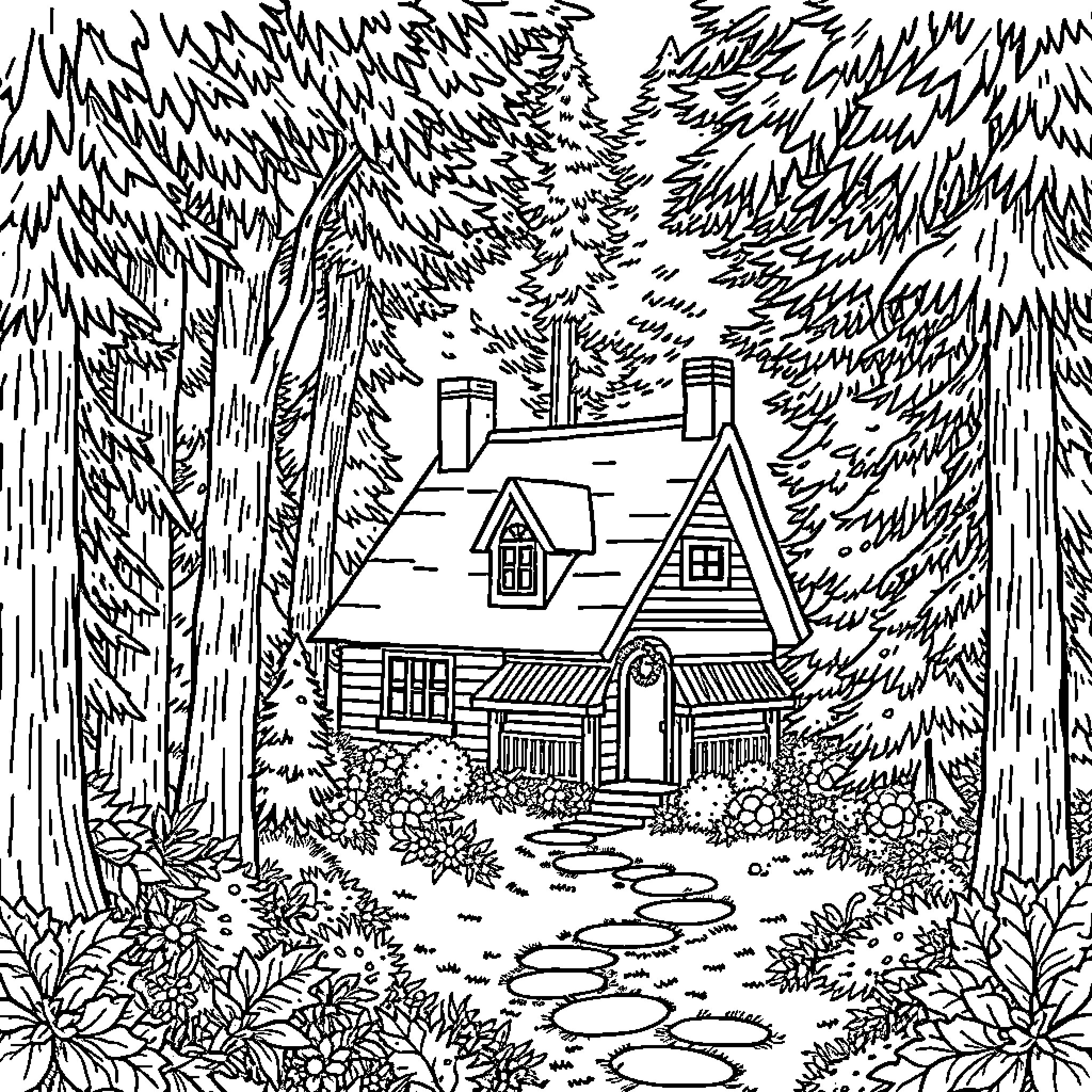 House nestled in the peaceful forest Coloring Page (free black-and-white line drawing printable PDF for all, from beginners to advanced learners, including children, teens, adults, and seniors)