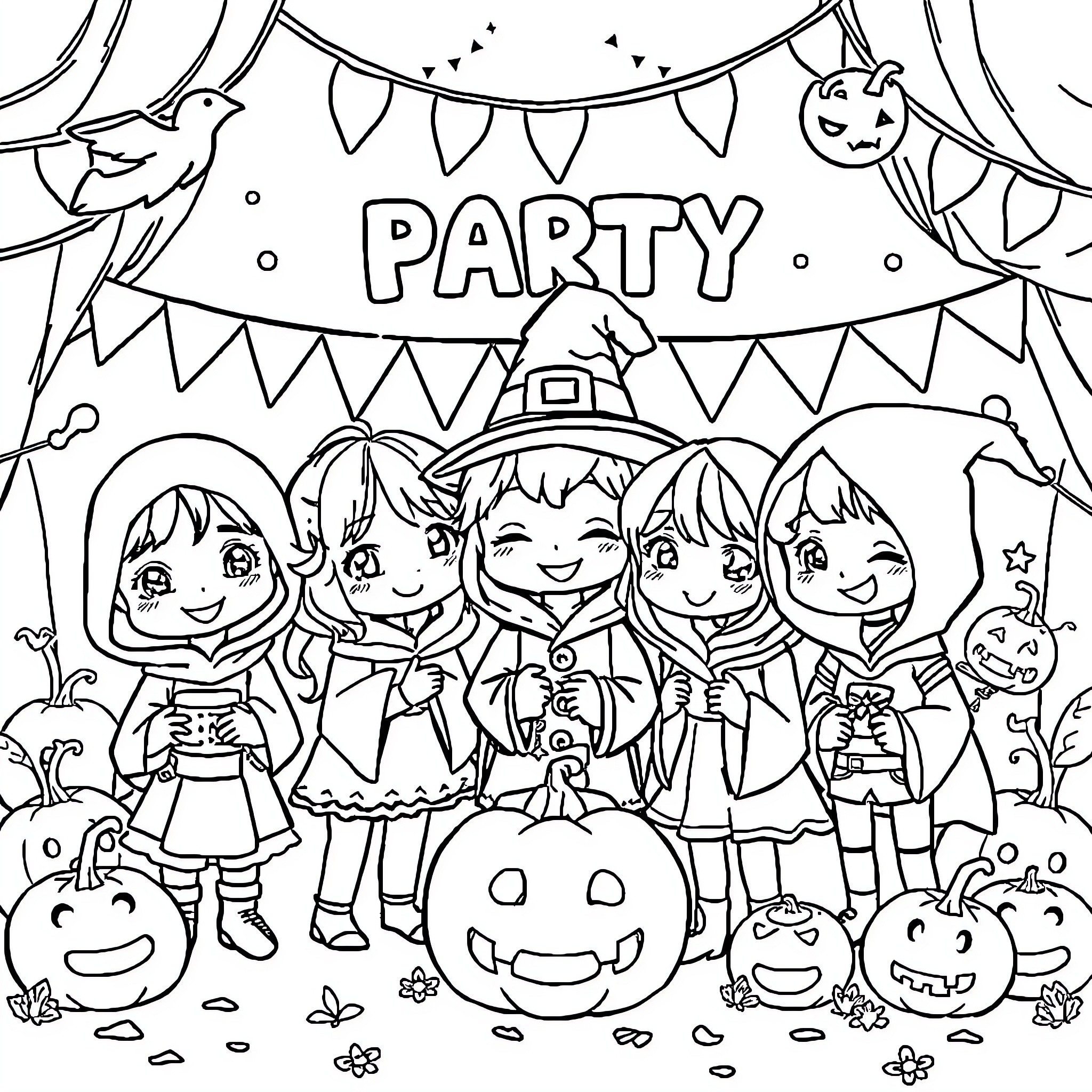 Chibi Halloween Party with Costumed Characters Coloring Page (free black-and-white line drawing printable PDF for all, from beginners to advanced learners, including children, teens, adults, and seniors)