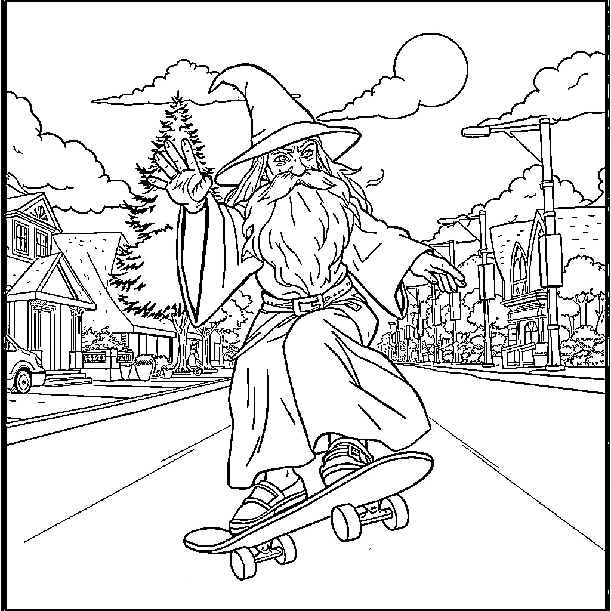 Gandalf Skateboarding Through the City Coloring Page (free black-and-white line drawing printable PDF for all, from beginners to advanced learners, including children, teens, adults, and seniors)