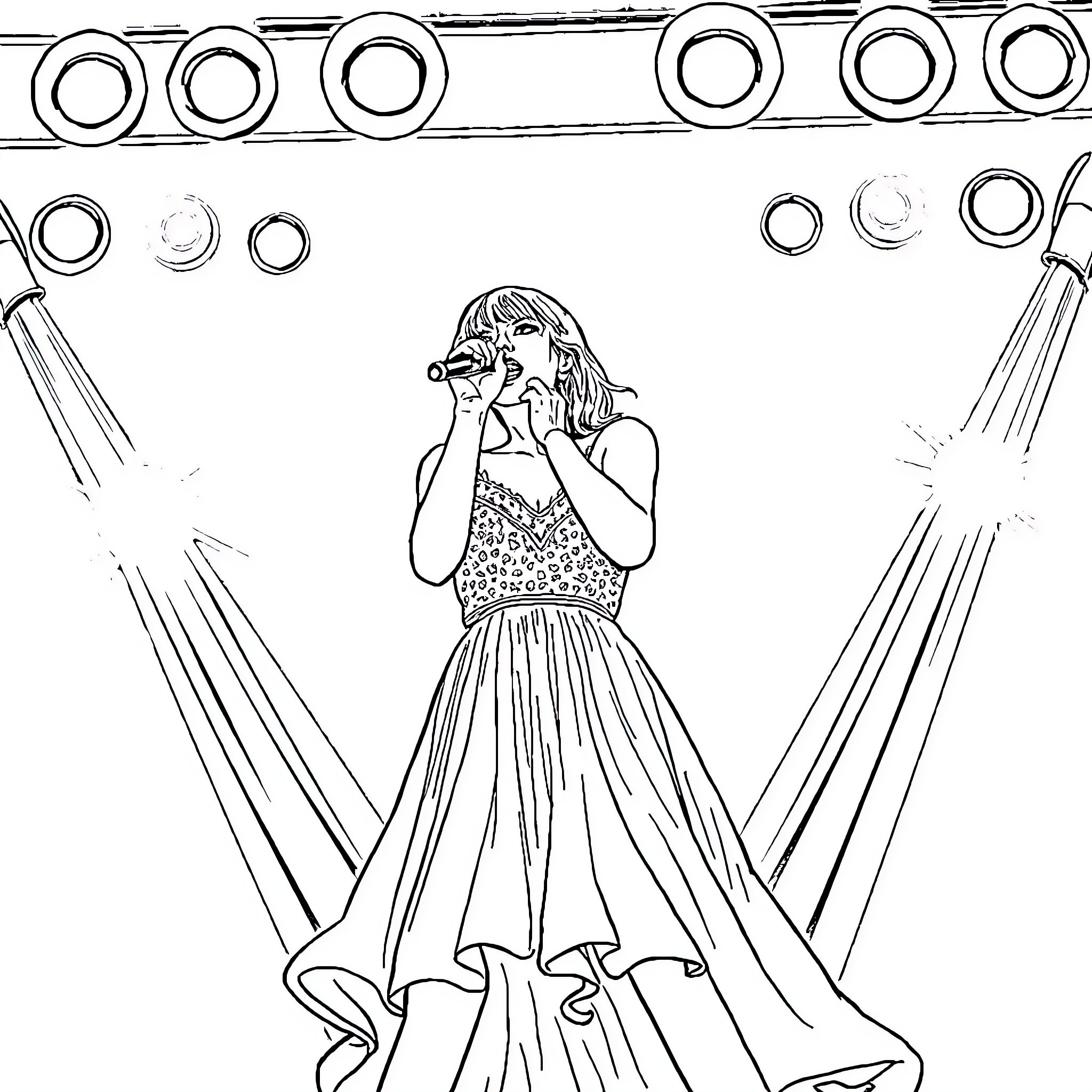 Taylor Swift performing on stage with energy Coloring Page (free black-and-white line drawing printable PDF for all, from beginners to advanced learners, including children, teens, adults, and seniors)