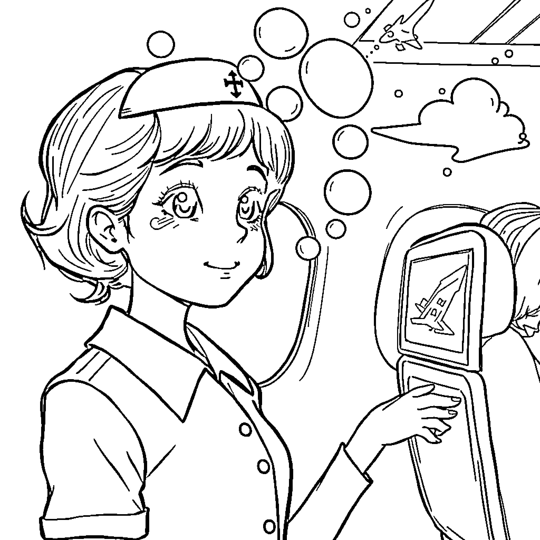 Airhostess assisting passengers with safety equipment Coloring Page (free black-and-white line drawing printable PDF for all, from beginners to advanced learners, including children, teens, adults, and seniors)