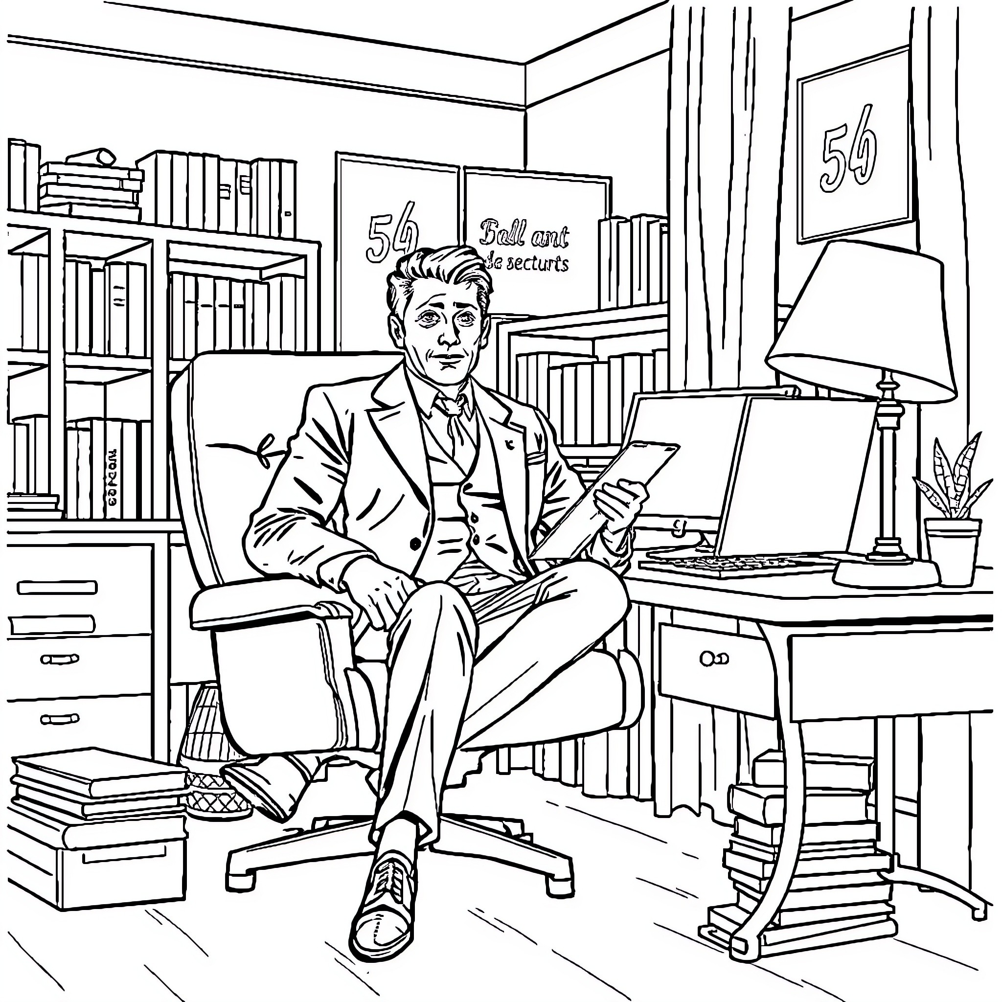 Homme in his study, working diligently Coloring Page (free black-and-white line drawing printable PDF for all, from beginners to advanced learners, including children, teens, adults, and seniors)