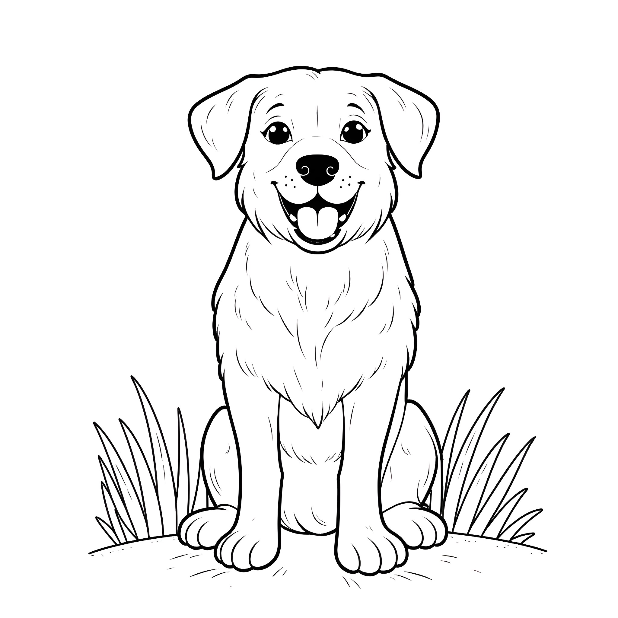 Dog happily sitting in the grass Coloring Page (free black-and-white line drawing printable PDF for all, from beginners to advanced learners, including children, teens, adults, and seniors)
