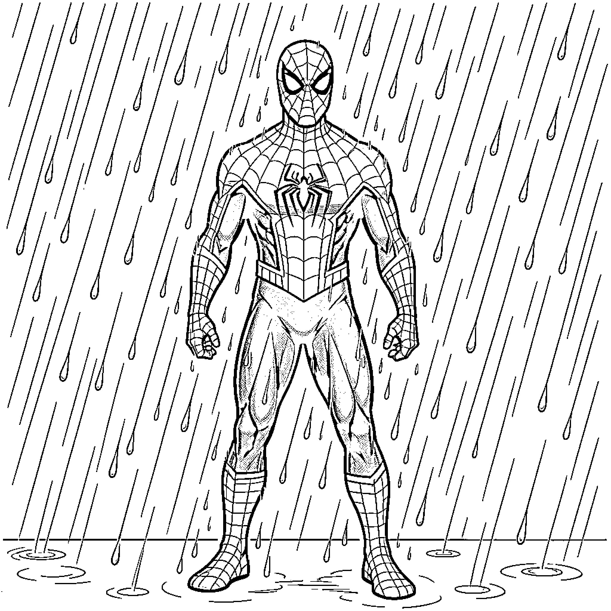 Spider-Man standing heroically in the pouring rain Coloring Page (free black-and-white line drawing printable PDF for all, from beginners to advanced learners, including children, teens, adults, and seniors)