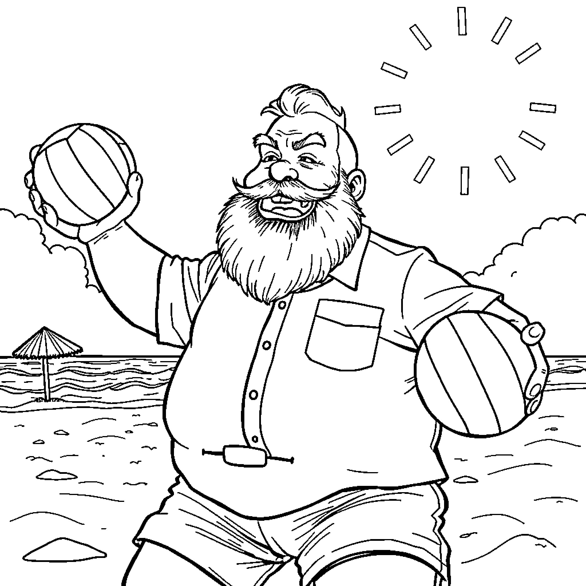 Office Worker Enjoying Beach Day with Beach Toys Coloring Page (free black-and-white line drawing printable PDF for all, from beginners to advanced learners, including children, teens, adults, and seniors)