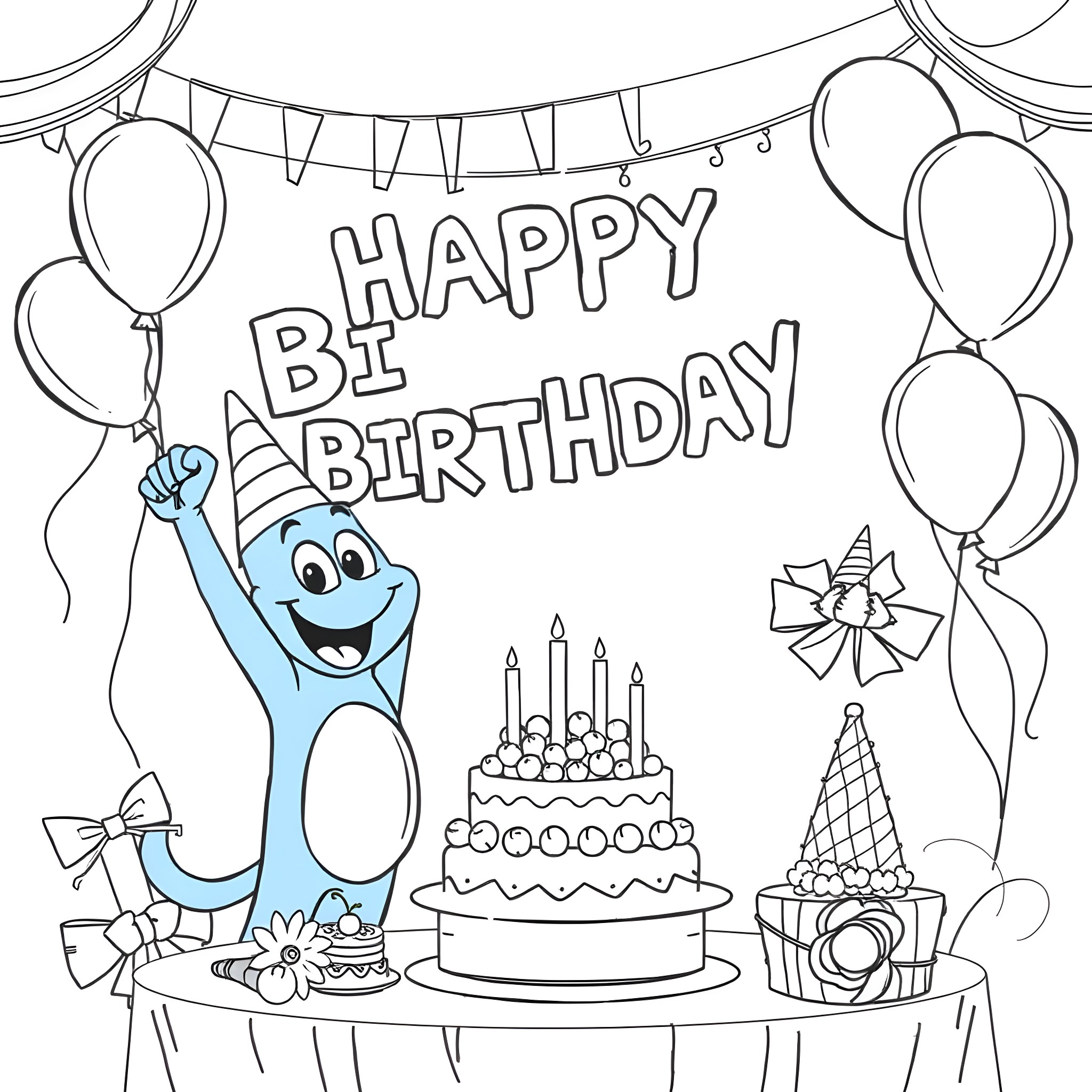 Bluey's Joyful Birthday Celebration Coloring Page (free black-and-white line drawing printable PDF for all, from beginners to advanced learners, including children, teens, adults, and seniors)