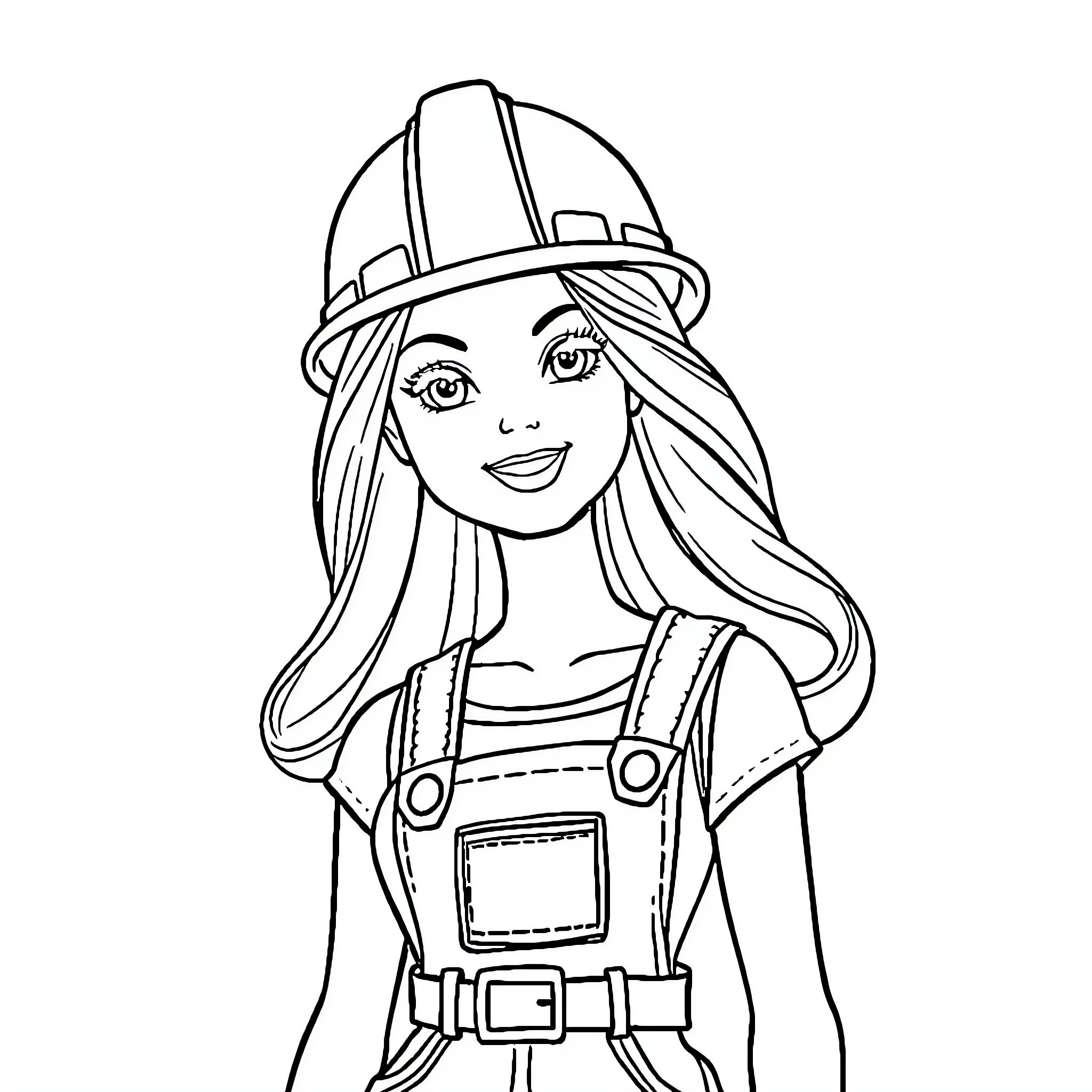 Barbie Wearing a Hard Hat and Overalls Coloring Page (free black-and-white line drawing printable PDF for all, from beginners to advanced learners, including children, teens, adults, and seniors)