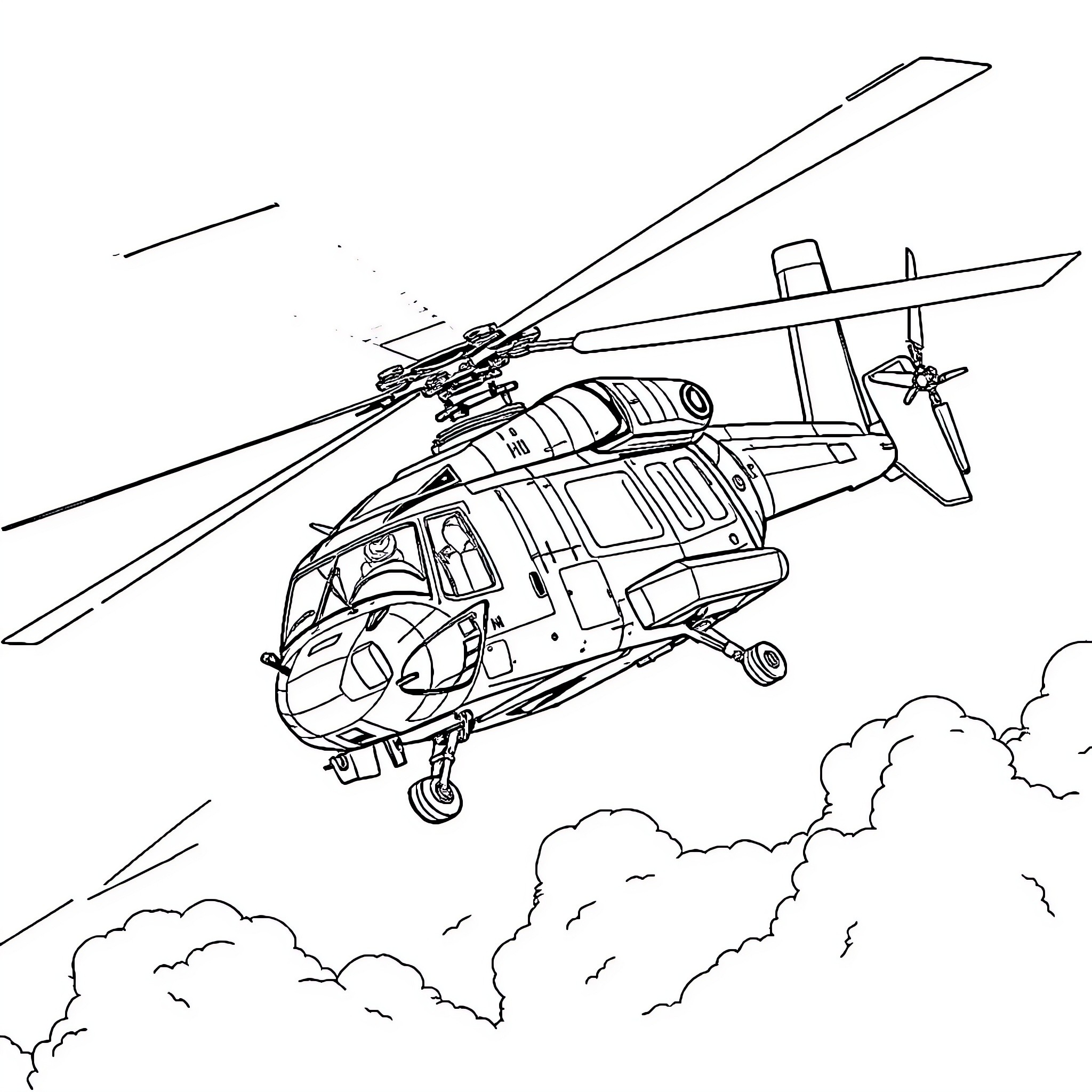 Hh60 Pavehawk military helicopter in flight Coloring Page (free black-and-white line drawing printable PDF for all, from beginners to advanced learners, including children, teens, adults, and seniors)