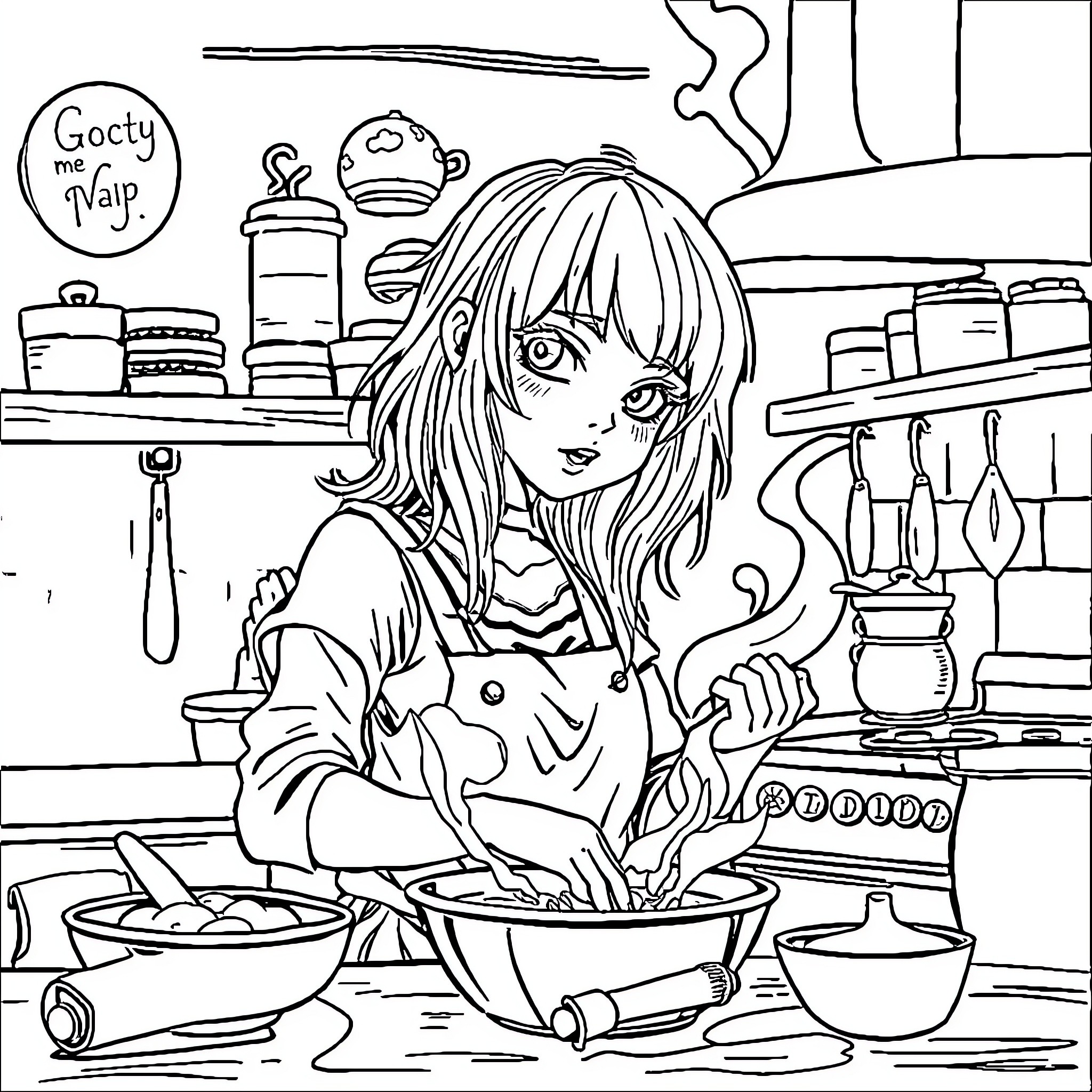 Goth Girl Cooking in a Cozy Kitchen Coloring Page (free black-and-white line drawing printable PDF for all, from beginners to advanced learners, including children, teens, adults, and seniors)