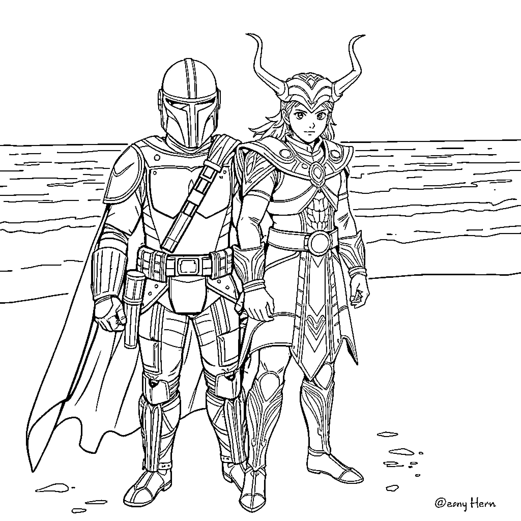 Mandalorian and Mysterious Warrior on the Shoreline Coloring Page (free black-and-white line drawing printable PDF for all, from beginners to advanced learners, including children, teens, adults, and seniors)