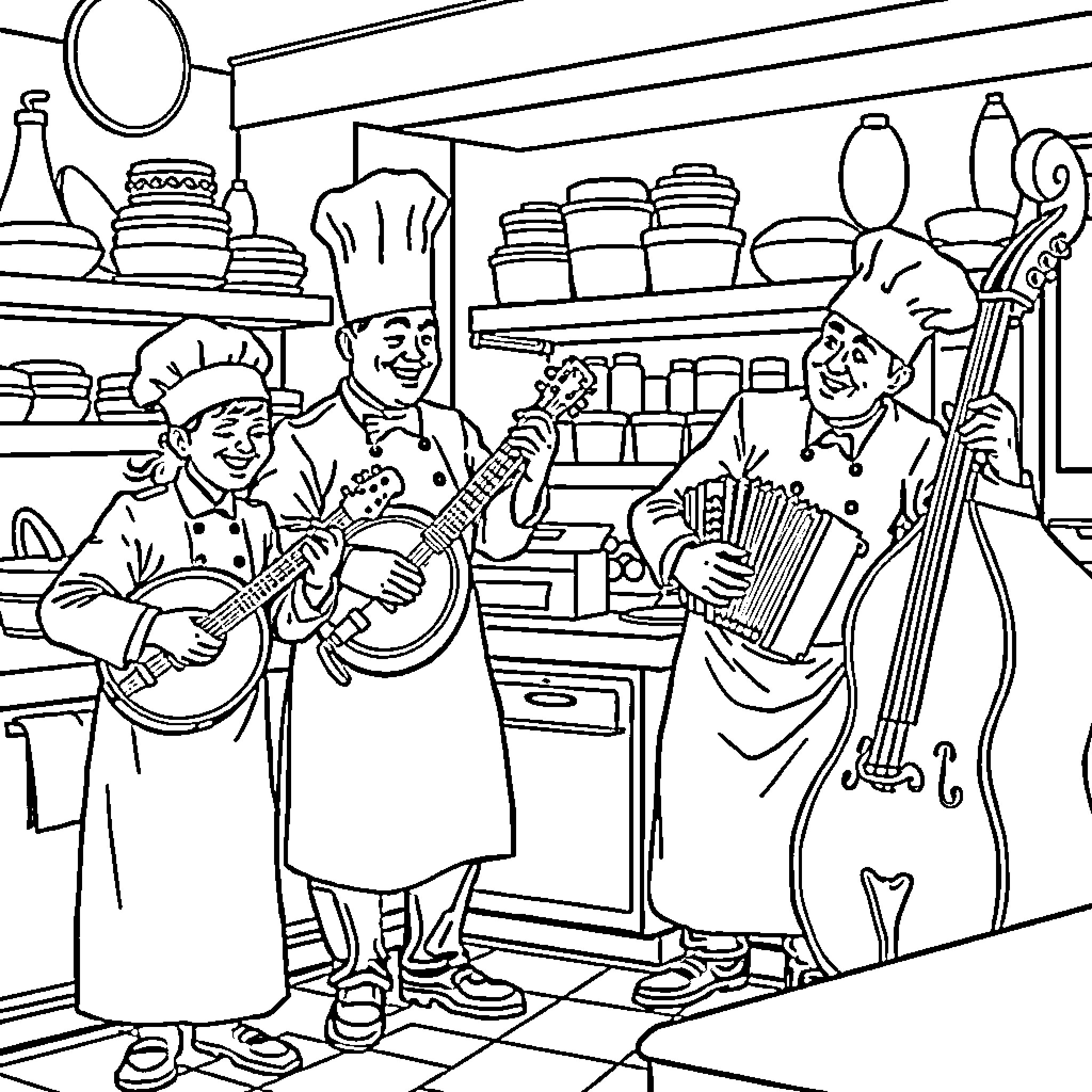 Pastry Chefs Performing Musical Entertainment in the Kitchen Coloring Page (free black-and-white line drawing printable PDF for all, from beginners to advanced learners, including children, teens, adults, and seniors)