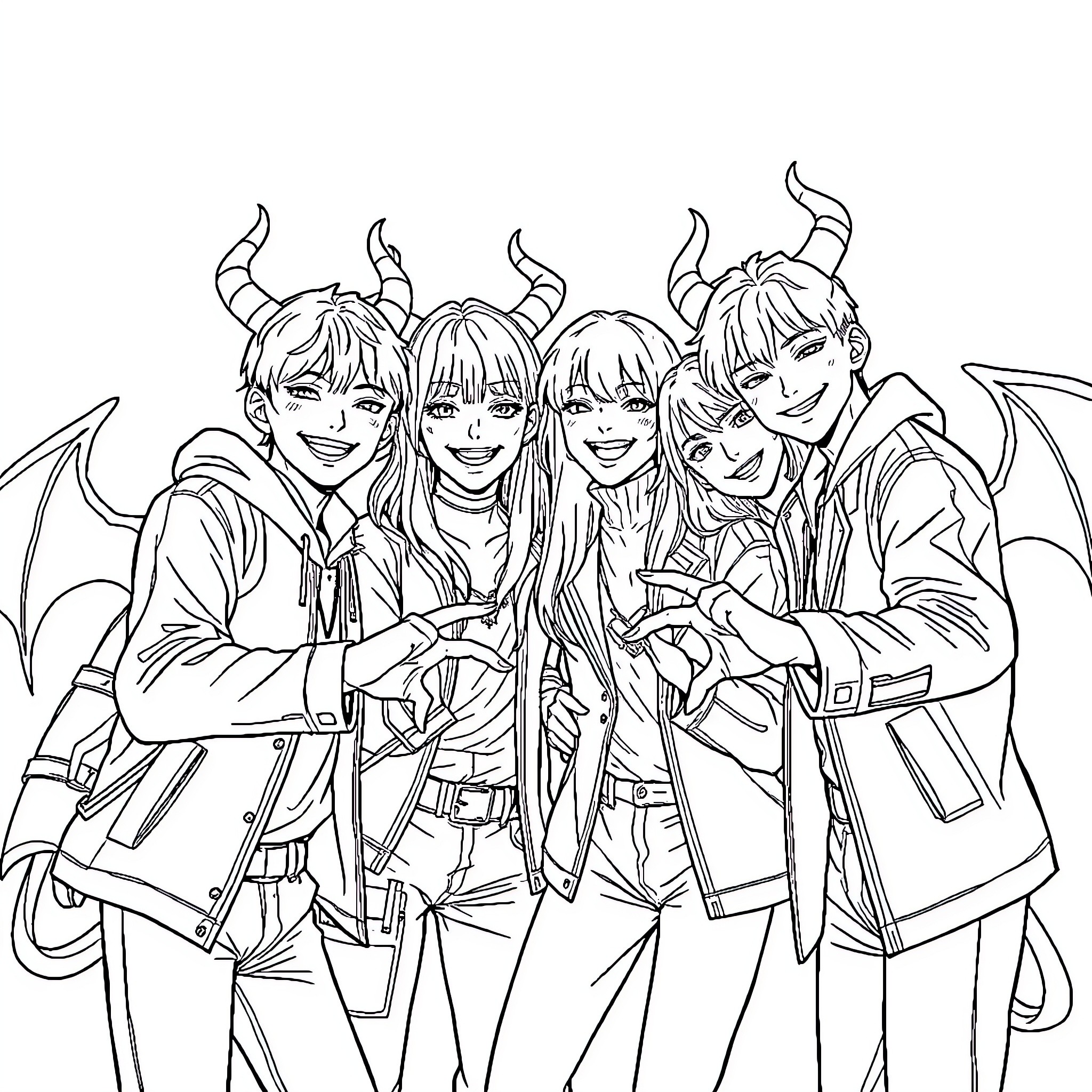 Kpop Group Posing With Stylish Outfits and Expressions Coloring Page (free black-and-white line drawing printable PDF for all, from beginners to advanced learners, including children, teens, adults, and seniors)