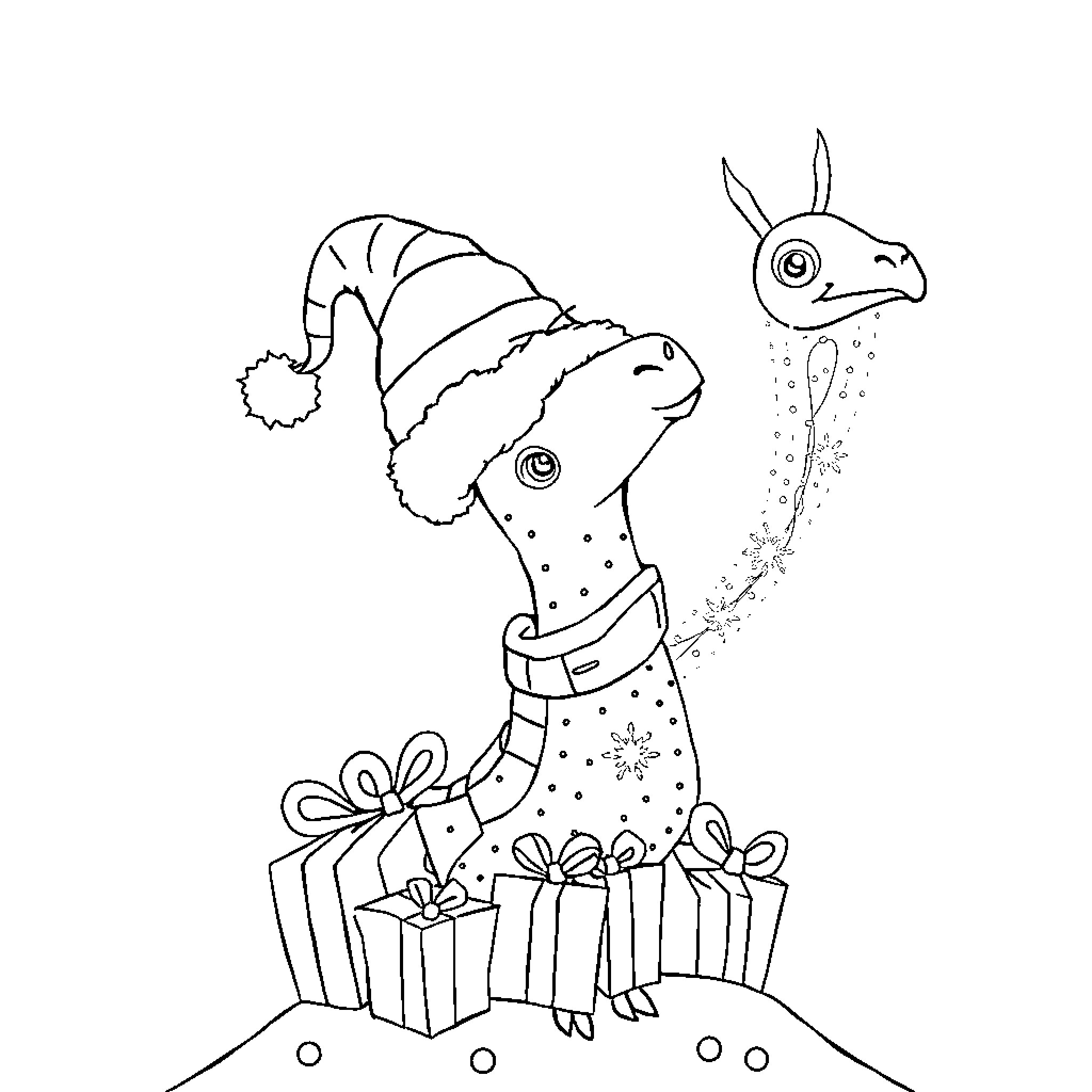 Labubu the Festive Bunny with Gifts Coloring Page (free black-and-white line drawing printable PDF for all, from beginners to advanced learners, including children, teens, adults, and seniors)