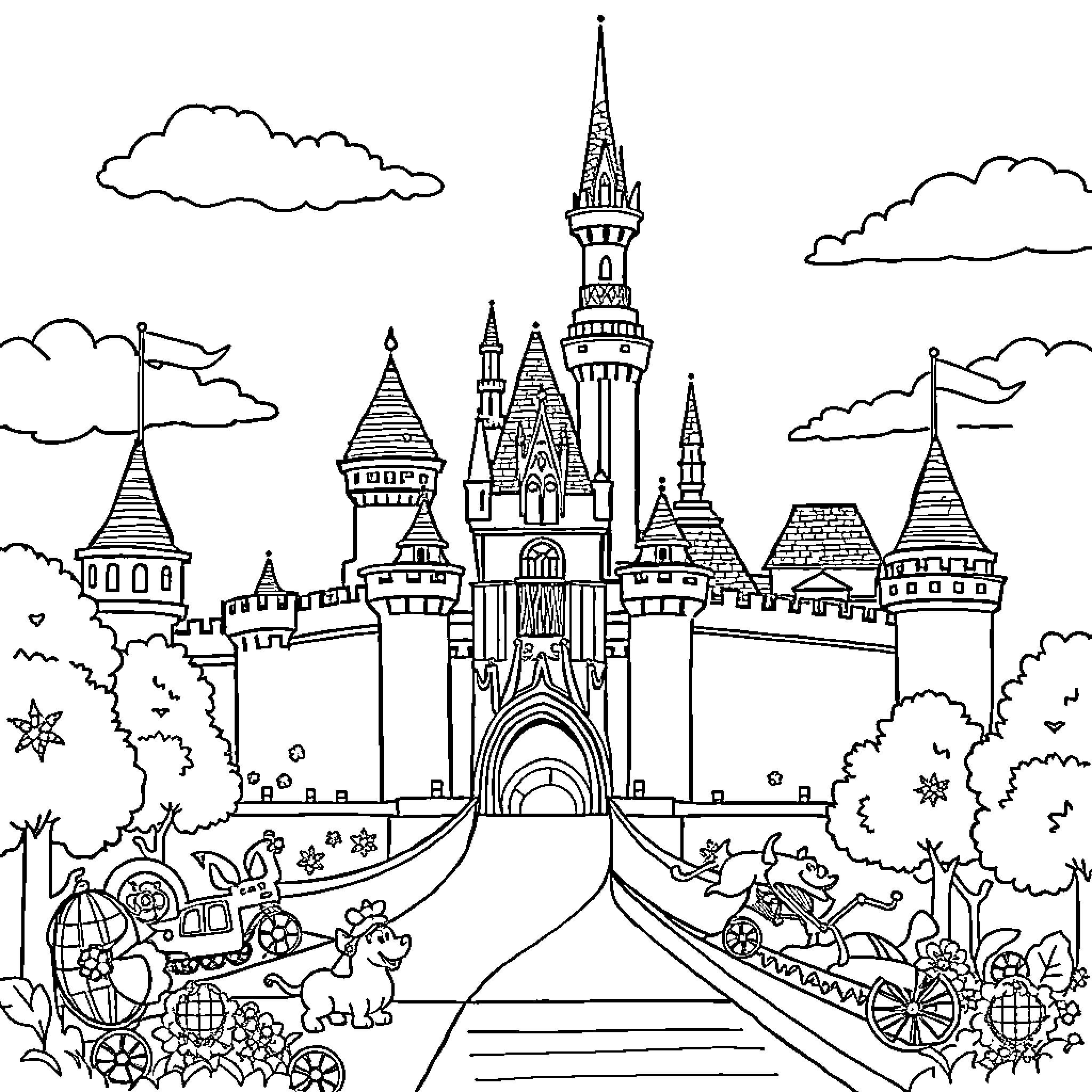 Disney Castle with whimsical characters and landscapes Coloring Page (free black-and-white line drawing printable PDF for all, from beginners to advanced learners, including children, teens, adults, and seniors)