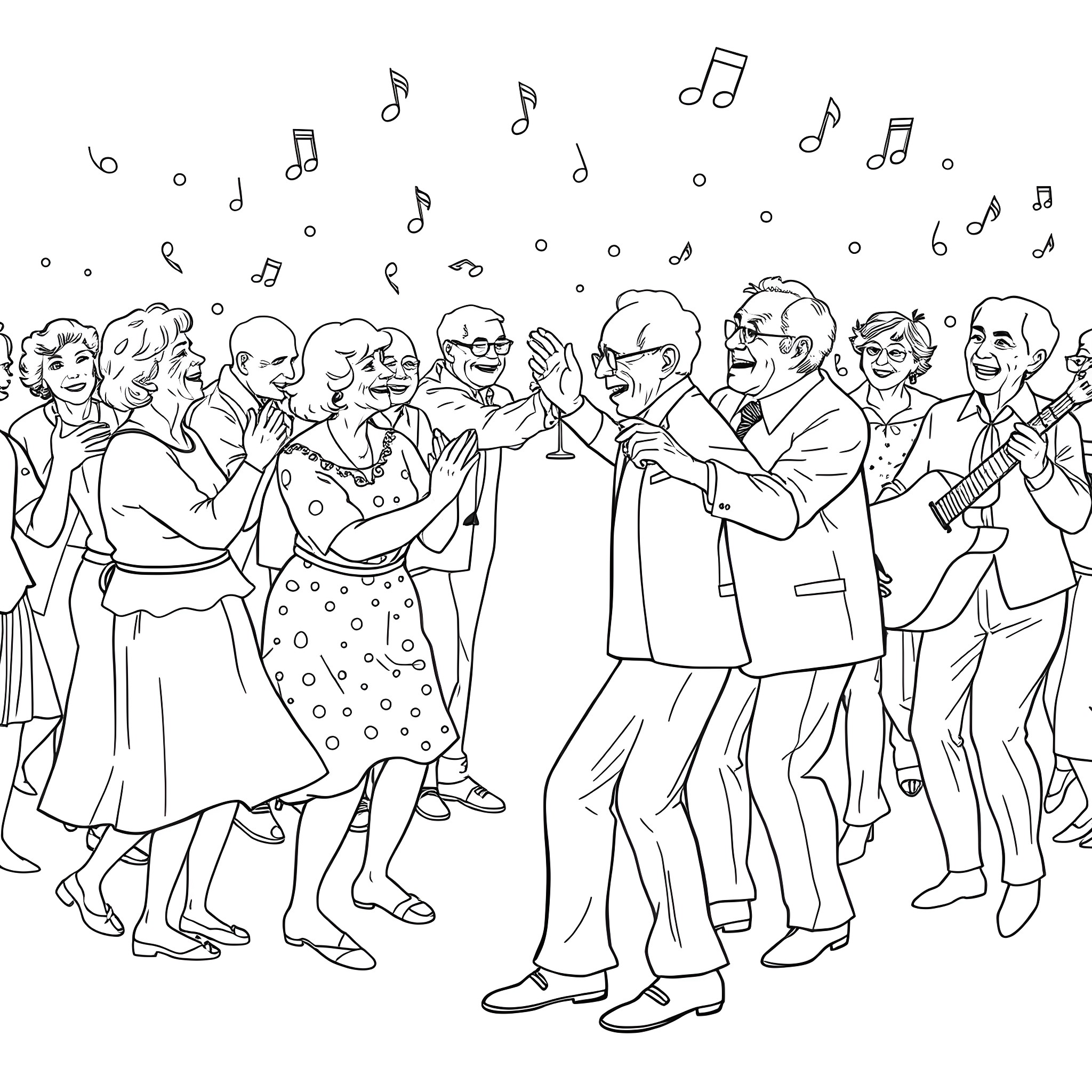 Senior Citizen Dancing Happily to Music Coloring Page (free black-and-white line drawing printable PDF for all, from beginners to advanced learners, including children, teens, adults, and seniors)