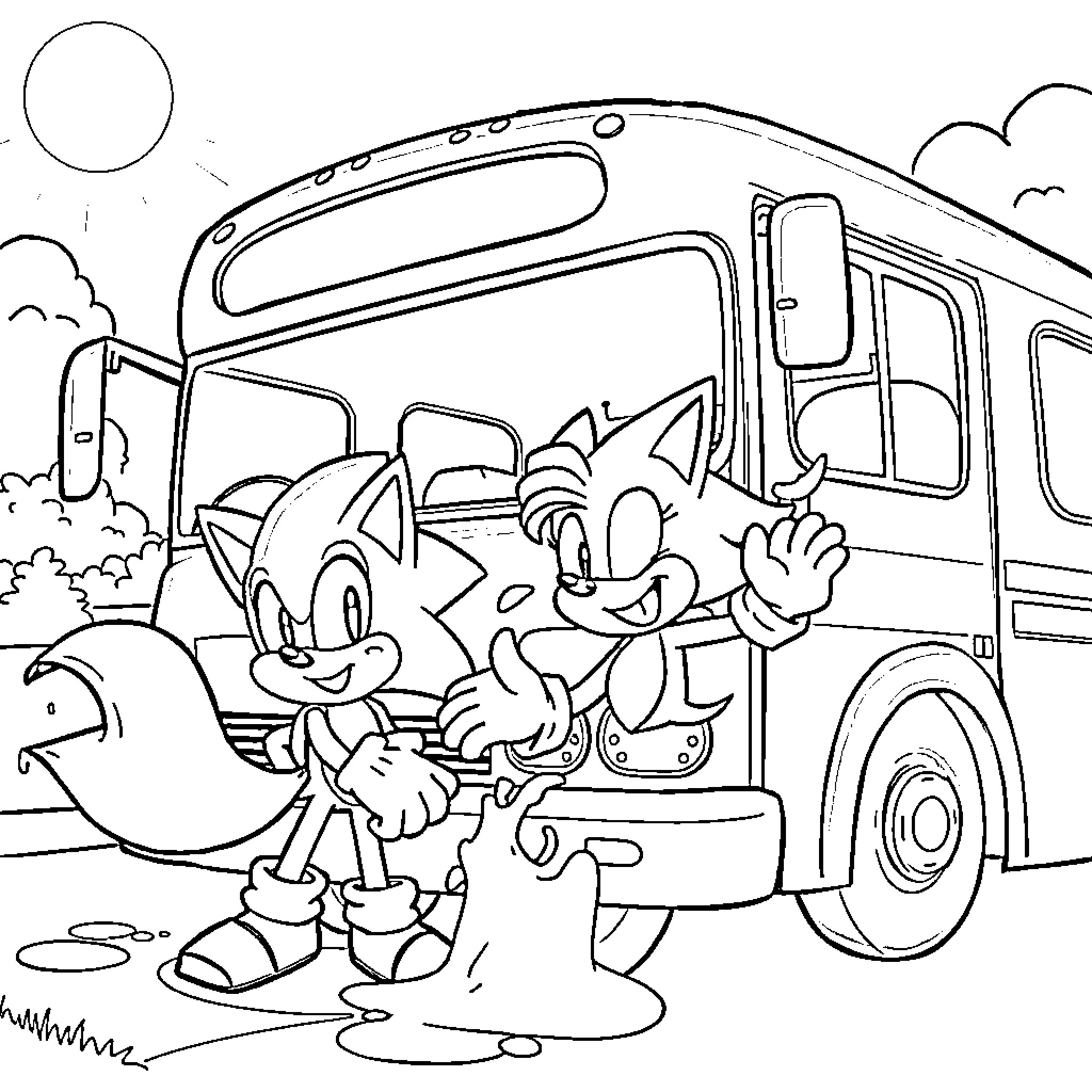 Sonic characters on a road trip adventure Coloring Page (free black-and-white line drawing printable PDF for all, from beginners to advanced learners, including children, teens, adults, and seniors)