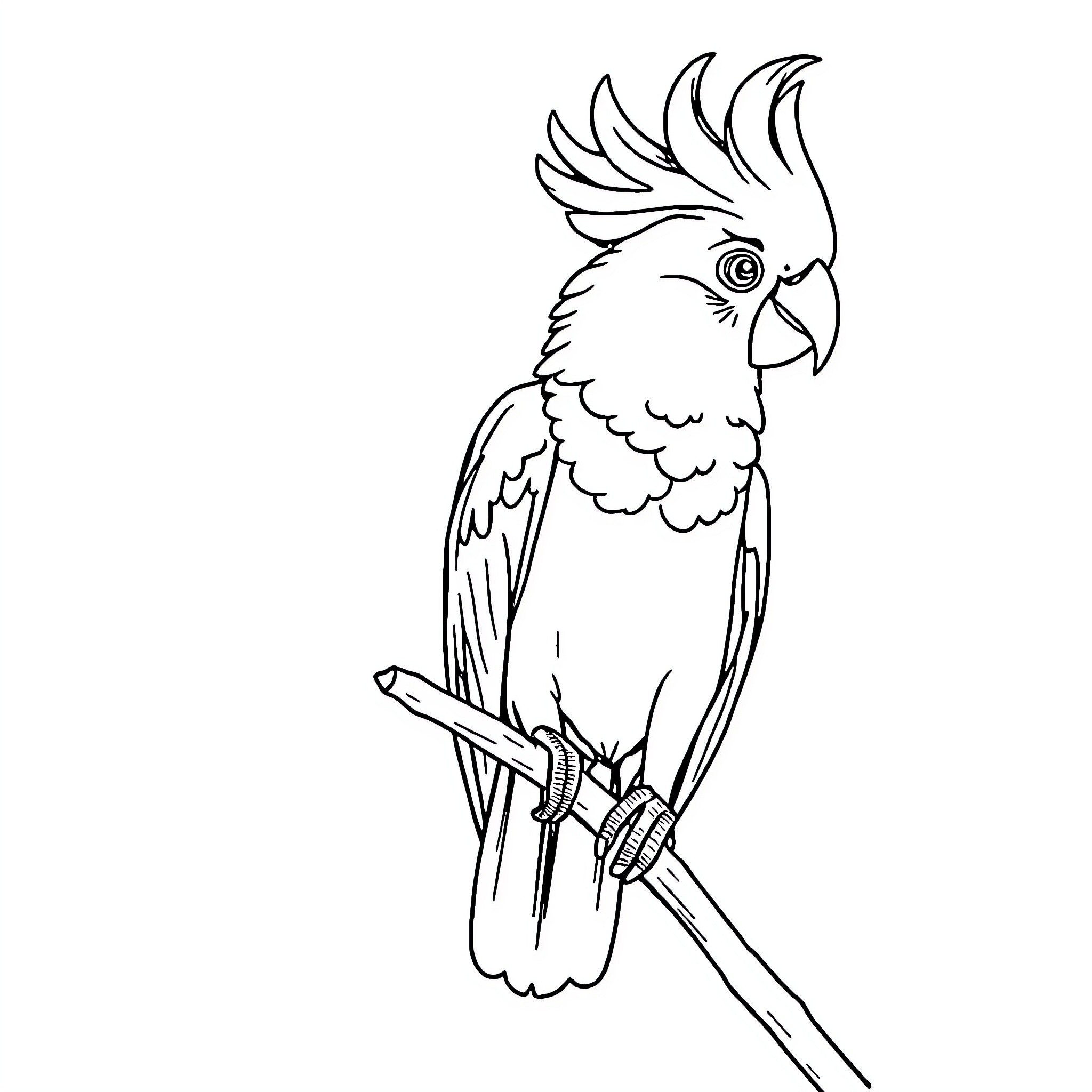 Cockatoo perched on a branch Coloring Page (free black-and-white line drawing printable PDF for all, from beginners to advanced learners, including children, teens, adults, and seniors)